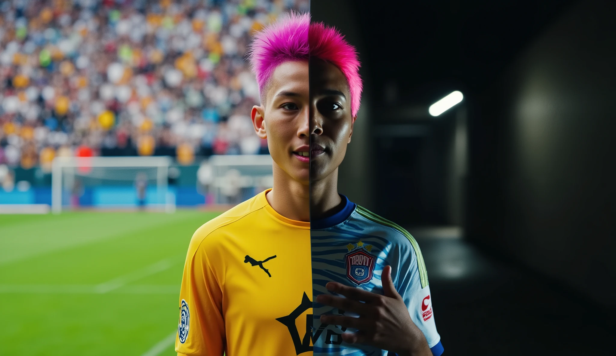 ((Masterpiece, Highest quality, Highest picture quality, high resolution, realistic, raw photos, 8ก, Colorful cinematic lighting)), (Extremely Delicate: 1.1), (Perfect Details: 1.1), has colorful backgrounds, (4k photo:1.1), cinematic film shot in 70mm, vivid colors, (realistic, photorealistic:1.37), ((beautiful smile:1.3)), (Perfect hands, Perfect Anatomy), moody lighting, bicolor lighting, (chiaroscuro:1.3), (colored shadows:1.4), (red rim light:1.5), (luminous:1.2) (dramatic shadows:1.3), bloom lighting, colored shadows, (side lighting:1.3), (blue rim light:1.4), photography, split lighting, contrast lighting, ((right sidebright soccerplayer male wearing his white and blue jersey with number 10, Holding a soccerball, pink hair, pink eyes, by day setting with a soccerball:1.3), (left side dark alley male soccerplayer ,male wearing his white and red jersey with number 7, confident pose, partially wild and colored, soccer station at night Holding soccercup:1.3)), finely detailed, divided composition, split screen,