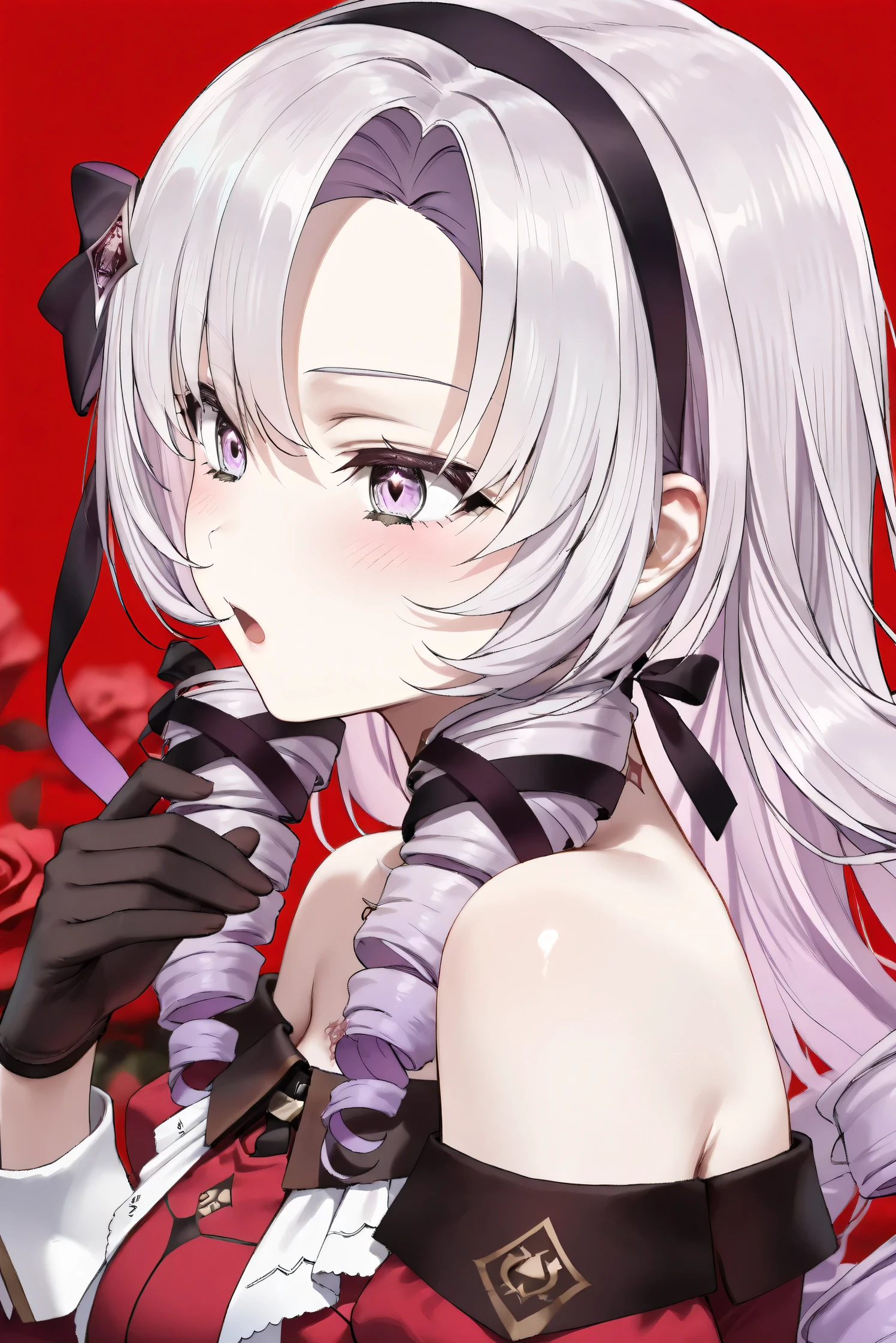 (Masterpiece), (Highest quality), (Very detailed), 
(The best shape), (Best Shadow), (Absurd), 
(Detailed background), (So beautiful), (Shiny), 
(Extraordinary), (Countershading), (8k), (32K), 
(High resolution), (Very Detailed CG), (UHD),

(Score_9), (Score_8_up), (Score_7_up), 
(Source_anime), (Pastel painting:1.2), 
(Watercolor painting:1.2),(Masterpiece, Detailed:1.2), (Foreshortening:1.2),

(Cinematic), (Dramatic), (Depth of field:1.4),
(Blurry background:1.4), (Realistic background:1.4),
(Dynamic angle), (1 girl),

(rose red background), 

(nijisanji), (virtual youtuber), 
(Hyakumantenbara Sarome), 

nijisalome, , purple eyes, light purple hair, 
symbol-shaped pupils, neck tattoo,  tattoo, 
long hair, parted bangs, black hairband, hair ribbon, 

nijisalomecos, red dress, strapless dress, 
argyle pattern dress, long sleeves, juliet sleeves, 
off shoulder,  shoulders, black gloves, 

(portrait), (from side),
(Blush:1.3), (Serious expression), (open mouth), 
(Realistic skin), (Shiny skin),