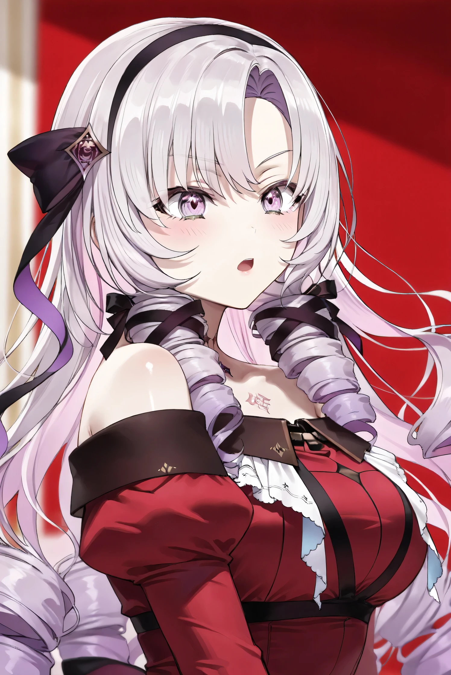 (Masterpiece), (Highest quality), (Very detailed), 
(The best shape), (Best Shadow), (Absurd), 
(Detailed background), (So beautiful), (Shiny), 
(Extraordinary), (Countershading), (8k), (32K), 
(High resolution), (Very Detailed CG), (UHD),

(Score_9), (Score_8_up), (Score_7_up), 
(Source_anime), (Pastel painting:1.2), 
(Watercolor painting:1.2),(Masterpiece, Detailed:1.2), (Foreshortening:1.2),

(Cinematic), (Dramatic), (Depth of field:1.4),
(Blurry background:1.4), (Realistic background:1.4),
(Dynamic angle), (1 girl),

(rose red background), 

(nijisanji), (virtual youtuber), 
(Hyakumantenbara Sarome), 

nijisalome, , purple eyes, light purple hair, 
symbol-shaped pupils, neck tattoo,  tattoo, 
long hair, parted bangs, black hairband, hair ribbon, 

nijisalomecos, red dress, strapless dress, 
argyle pattern dress, long sleeves, juliet sleeves, 
off shoulder,  shoulders, black gloves, 

(portrait), (from side),
(Blush:1.3), (Serious expression), (open mouth), 
(Realistic skin), (Shiny skin),