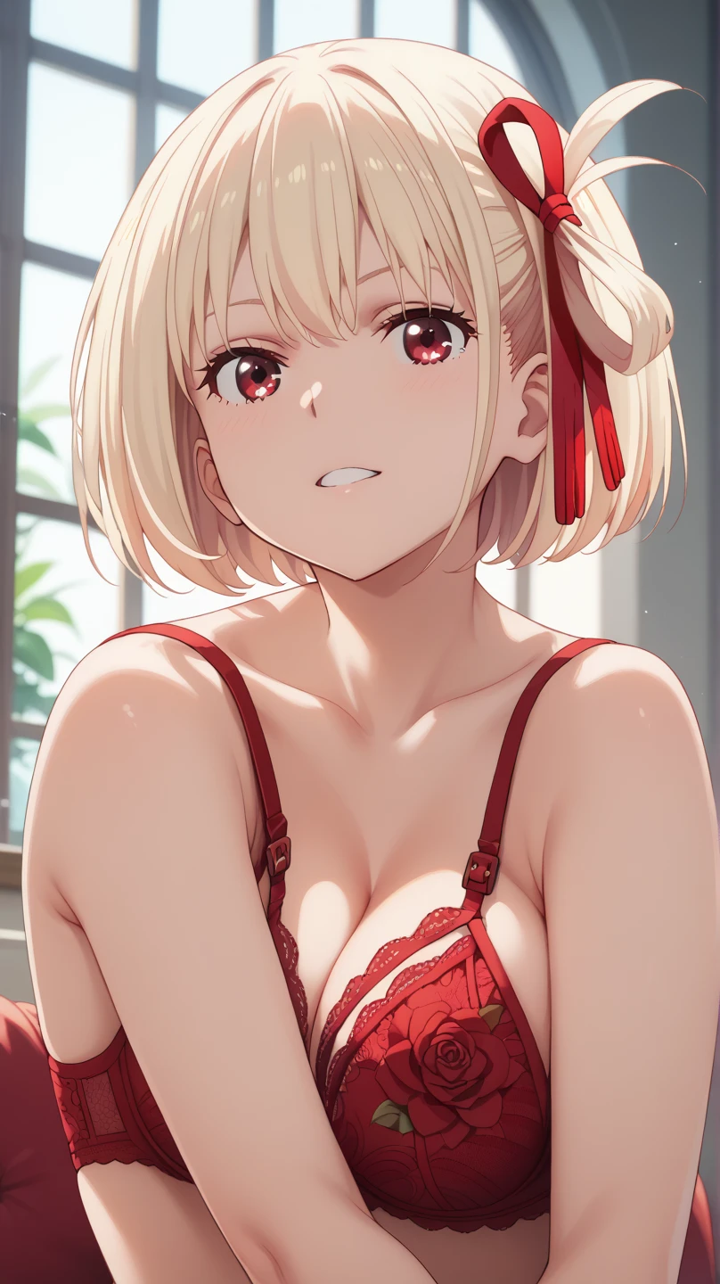 score_9, score_7_up, source_anime, from below, cowboy shot, looking at viewer, smile, parted lips, shaded face, 1girl, medium breasts, blonde hair, red eyes, long hair, hair over one eye, white nightgown, strap slip, head tilt, finger to mouth, pulling own clothes, leaning over, abstract background, spotlight, red background, dark background, blood splatter