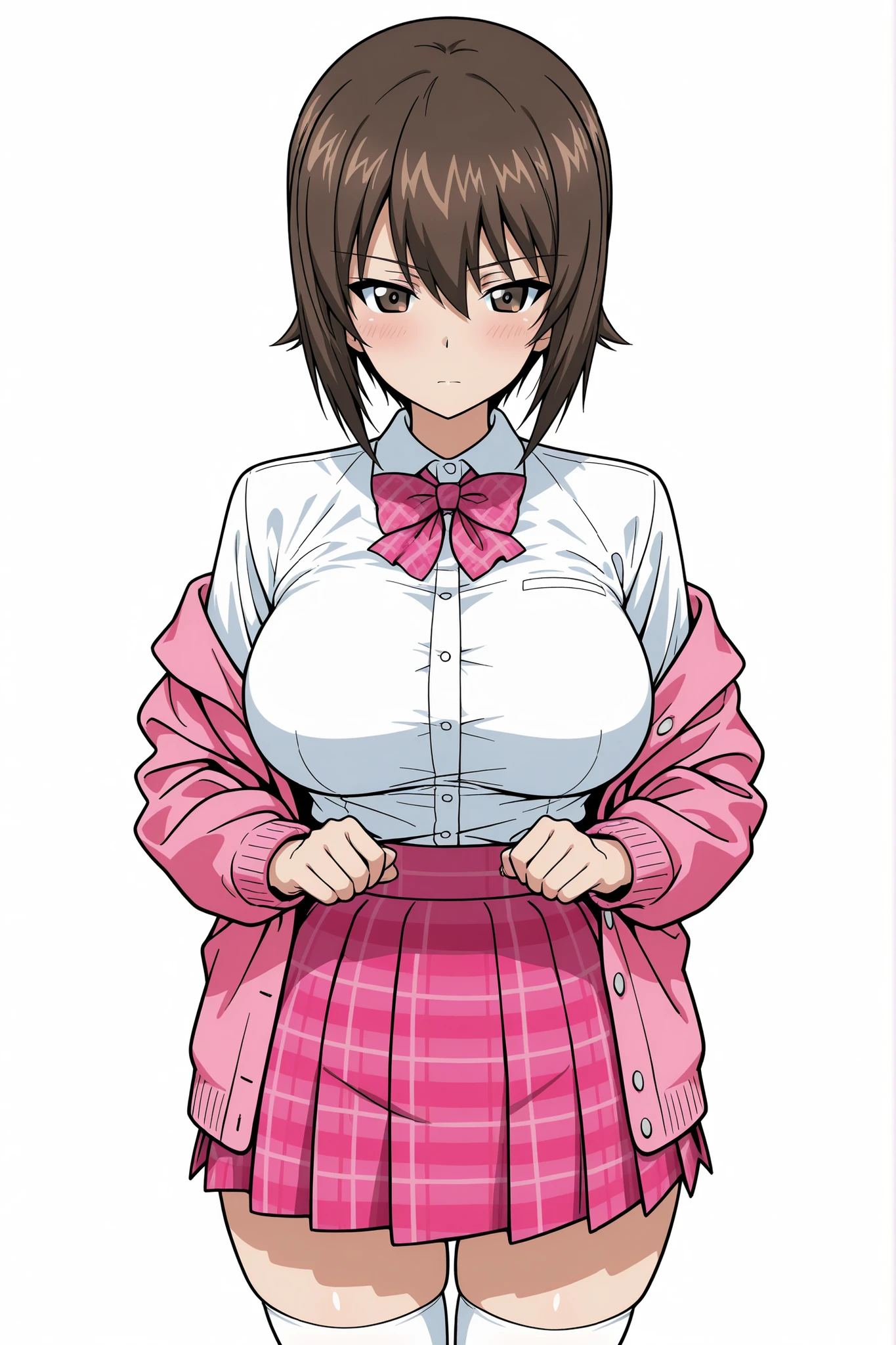 masterpiece, best quality , (detailed eyes:1.2),
nishizumi maho, (girls und panzer) brown hair, short hair, brown eyes, (Large breasts),
masterpiece,best quality,amazing quality, absurdres, ,
1girl, mature female, A curvaceous body, white shirt, pink skirt, pleated skirt, plaid skirt, high-waist skirt, white thighhighs, pink bowtie, collared shirt, plaid bow, pink cardigan, off shoulder, jacket,
Standing, clean white background, clear lineart, easy to crop, centered composition, looking_at_viewer, standing, cowboy shot,Gravure Pose,