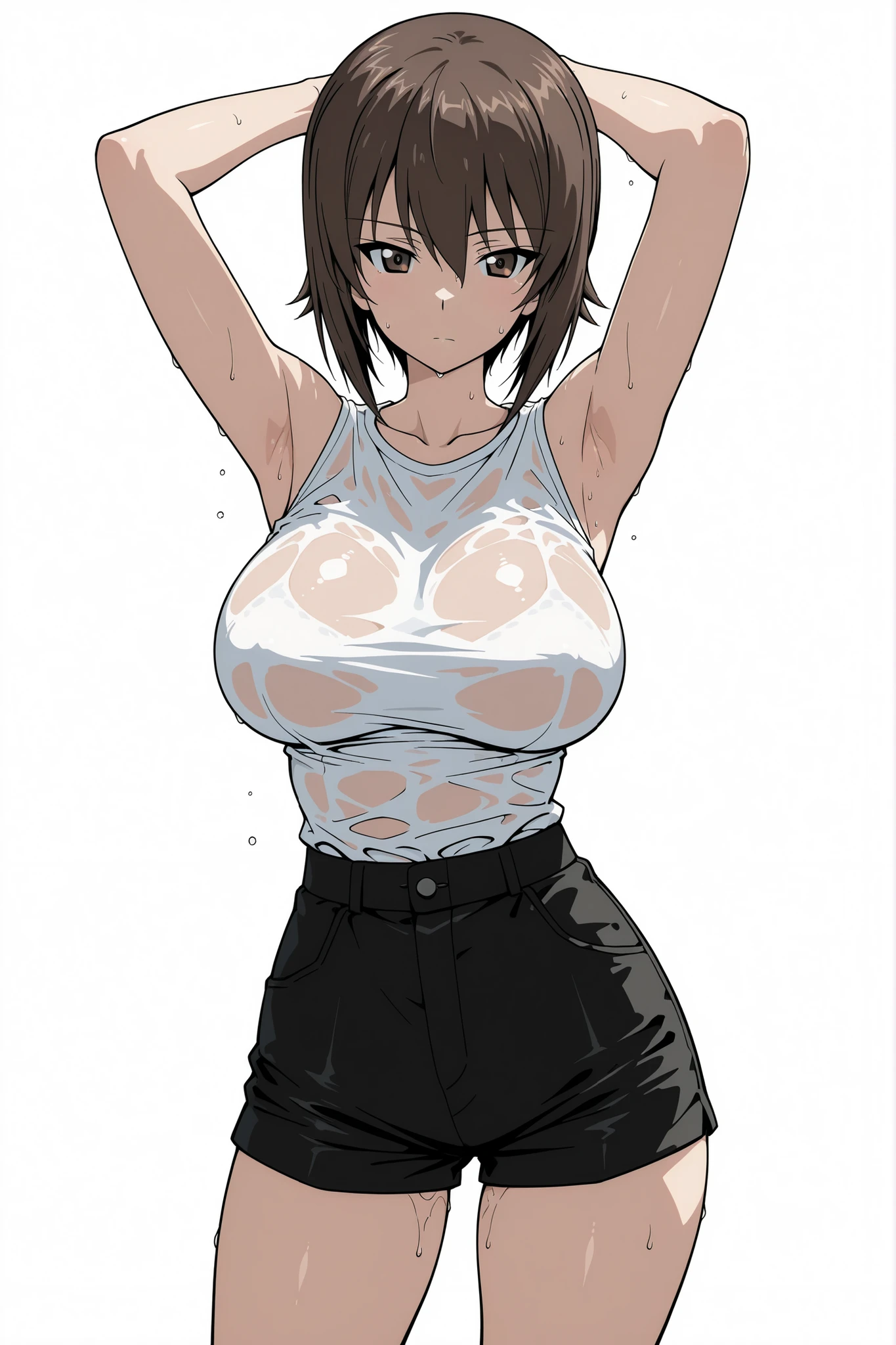 masterpiece, best quality , (detailed eyes:1.2),
nishizumi maho, (girls und panzer) brown hair, short hair, brown eyes, (Large breasts),
masterpiece,best quality,amazing quality, absurdres, ,
1girl, mature female, A curvaceous body, white sleeveless shirt, black shorts, wet shirt,
Standing, clean white background, clear lineart, easy to crop, centered composition, looking_at_viewer, standing, cowboy shot, Gravur Pose,