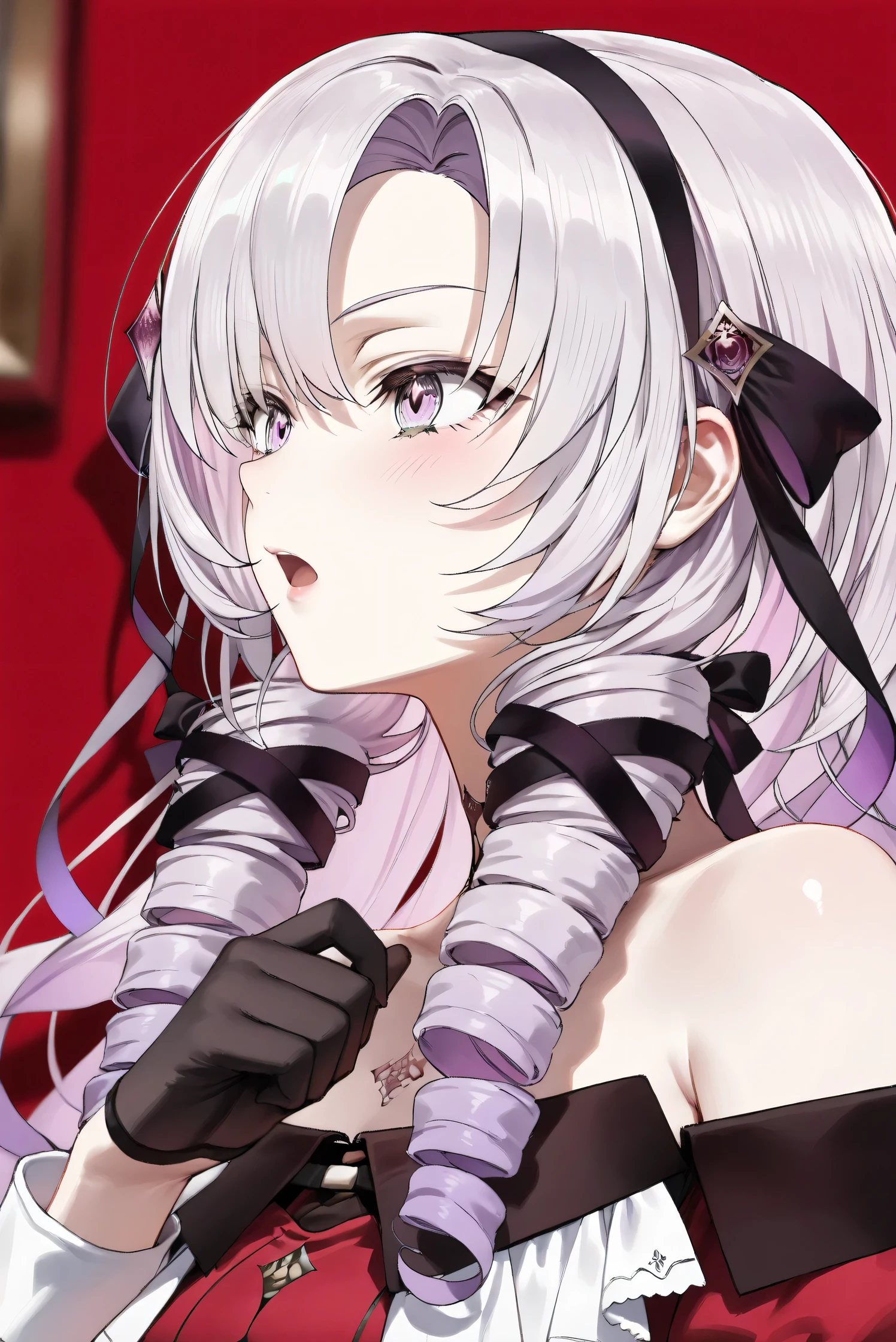 (Masterpiece), (Highest quality), (Very detailed), 
(The best shape), (Best Shadow), (Absurd), 
(Detailed background), (So beautiful), (Shiny), 
(Extraordinary), (Countershading), (8k), (32K), 
(High resolution), (Very Detailed CG), (UHD),

(Score_9), (Score_8_up), (Score_7_up), 
(Source_anime), (Pastel painting:1.2), 
(Watercolor painting:1.2),(Masterpiece, Detailed:1.2), (Foreshortening:1.2),

(Cinematic), (Dramatic), (Depth of field:1.4),
(Blurry background:1.4), (Realistic background:1.4),
(Dynamic angle), (1 girl),

(rose red background), 

(nijisanji), (virtual youtuber), 
(Hyakumantenbara Sarome), 

nijisalome, , purple eyes, light purple hair, 
symbol-shaped pupils, neck tattoo,  tattoo, 
long hair, parted bangs, black hairband, hair ribbon, 

nijisalomecos, red dress, strapless dress, 
argyle pattern dress, long sleeves, juliet sleeves, 
off shoulder,  shoulders, black gloves, 

(portrait), (from side),
(Blush:1.3), (Serious expression), (open mouth), 
(Realistic skin), (Shiny skin),