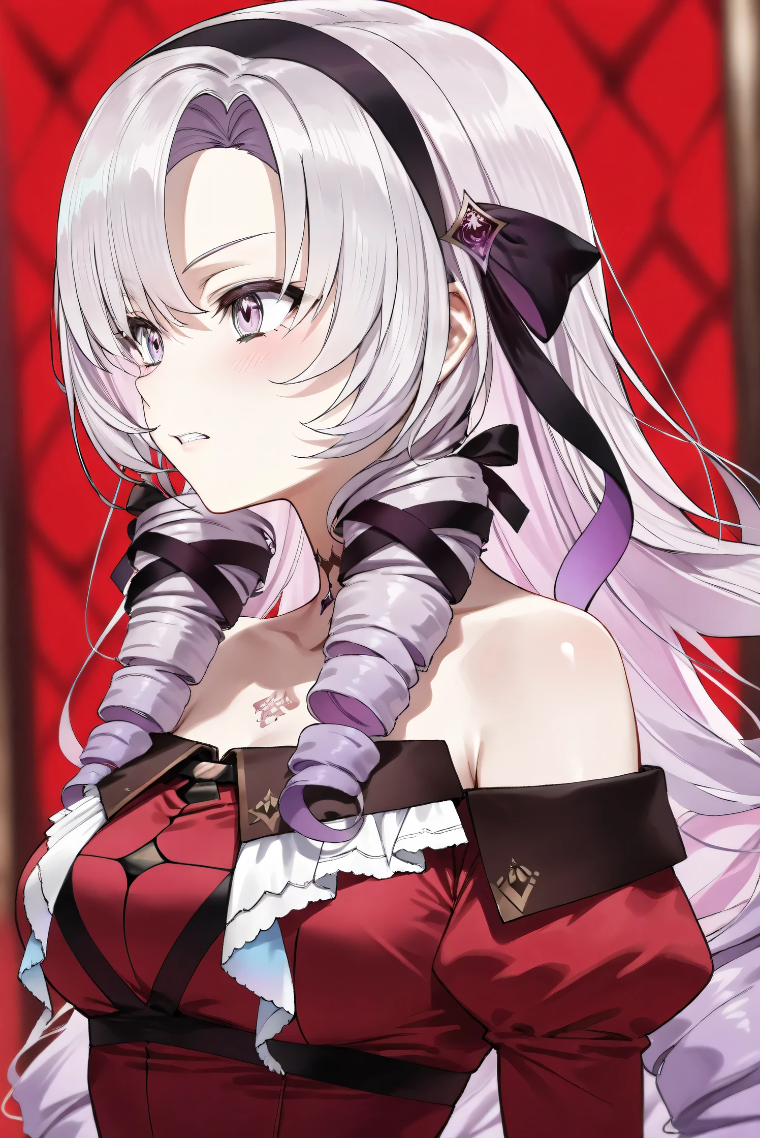 (Masterpiece), (Highest quality), (Very detailed), 
(The best shape), (Best Shadow), (Absurd), 
(Detailed background), (So beautiful), (Shiny), 
(Extraordinary), (Countershading), (8k), (32K), 
(High resolution), (Very Detailed CG), (UHD),

(Score_9), (Score_8_up), (Score_7_up), 
(Source_anime), (Pastel painting:1.2), 
(Watercolor painting:1.2),(Masterpiece, Detailed:1.2), (Foreshortening:1.2),

(Cinematic), (Dramatic), (Depth of field:1.4),
(Blurry background:1.4), (Realistic background:1.4),
(Dynamic angle), (1 girl),

(rose red background), 

(nijisanji), (virtual youtuber), 
(Hyakumantenbara Sarome), 

nijisalome, , purple eyes, light purple hair, 
symbol-shaped pupils, neck tattoo,  tattoo, 
long hair, parted bangs, black hairband, hair ribbon, 

nijisalomecos, red dress, strapless dress, 
argyle pattern dress, long sleeves, juliet sleeves, 
off shoulder,  shoulders, black gloves, 

(portrait), (from side),
(Blush:1.3), (Serious expression), 
(Clenching her teeth), 
(Realistic skin), (Shiny skin),