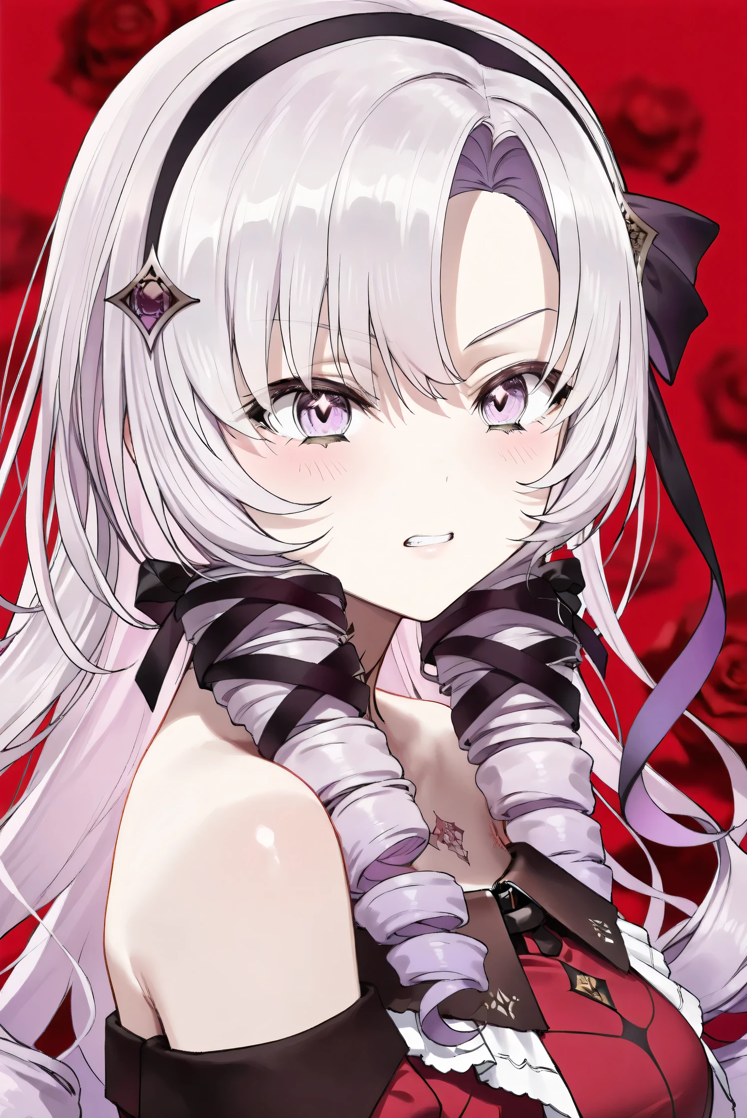 (Masterpiece), (Highest quality), (Very detailed), 
(The best shape), (Best Shadow), (Absurd), 
(Detailed background), (So beautiful), (Shiny), 
(Extraordinary), (Countershading), (8k), (32K), 
(High resolution), (Very Detailed CG), (UHD),

(Score_9), (Score_8_up), (Score_7_up), 
(Source_anime), (Pastel painting:1.2), 
(Watercolor painting:1.2),(Masterpiece, Detailed:1.2), (Foreshortening:1.2),

(Cinematic), (Dramatic), (Depth of field:1.4),
(Blurry background:1.4), (Realistic background:1.4),
(Dynamic angle), (1 girl),

(rose red background), 

(nijisanji), (virtual youtuber), 
(Hyakumantenbara Sarome), 

nijisalome, , purple eyes, light purple hair, 
symbol-shaped pupils, neck tattoo,  tattoo, 
long hair, parted bangs, black hairband, hair ribbon, 

nijisalomecos, red dress, strapless dress, 
argyle pattern dress, long sleeves, juliet sleeves, 
off shoulder,  shoulders, black gloves, 

(portrait), (from side),
(Blush:1.3), (Serious expression), 
(Clenching her teeth), 
(Realistic skin), (Shiny skin),