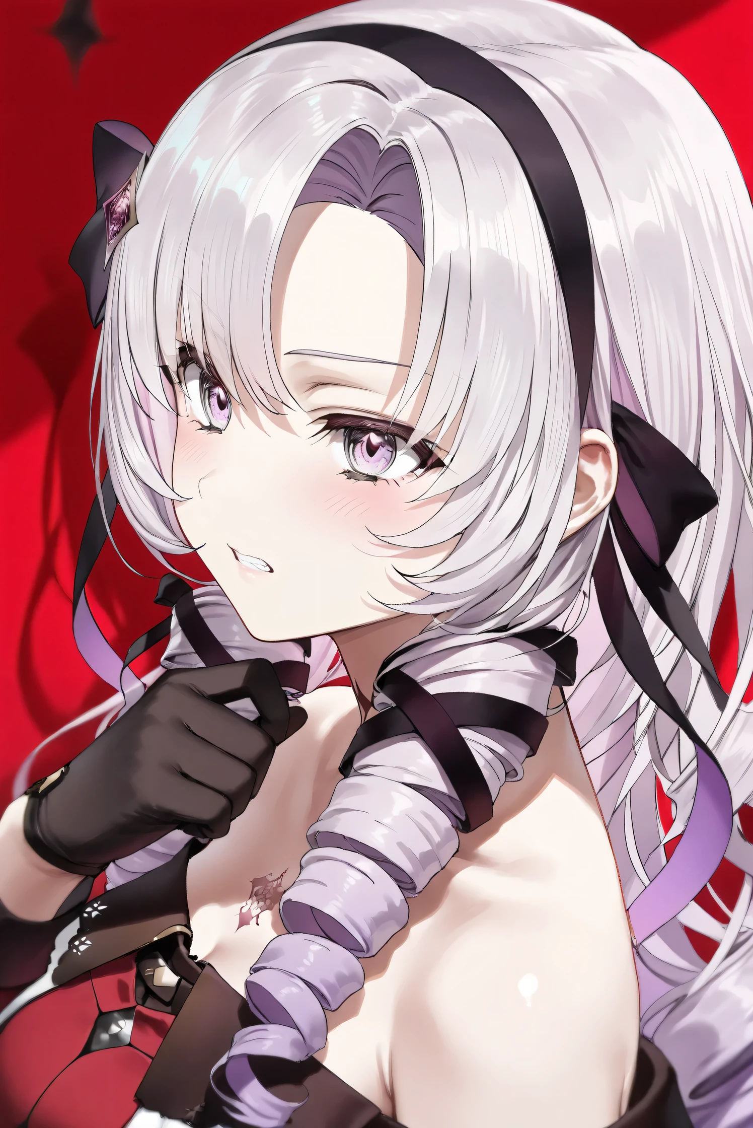 (Masterpiece), (Highest quality), (Very detailed), 
(The best shape), (Best Shadow), (Absurd), 
(Detailed background), (So beautiful), (Shiny), 
(Extraordinary), (Countershading), (8k), (32K), 
(High resolution), (Very Detailed CG), (UHD),

(Score_9), (Score_8_up), (Score_7_up), 
(Source_anime), (Pastel painting:1.2), 
(Watercolor painting:1.2),(Masterpiece, Detailed:1.2), (Foreshortening:1.2),

(Cinematic), (Dramatic), (Depth of field:1.4),
(Blurry background:1.4), (Realistic background:1.4),
(Dynamic angle), (1 girl),

(rose red background), 

(nijisanji), (virtual youtuber), 
(Hyakumantenbara Sarome), 

nijisalome, , purple eyes, light purple hair, 
symbol-shaped pupils, neck tattoo,  tattoo, 
long hair, parted bangs, black hairband, hair ribbon, 

nijisalomecos, red dress, strapless dress, 
argyle pattern dress, long sleeves, juliet sleeves, 
off shoulder,  shoulders, black gloves, 

(portrait), (from side),
(Blush:1.3), (Serious expression), 
(Clenching her teeth), 
(Realistic skin), (Shiny skin),