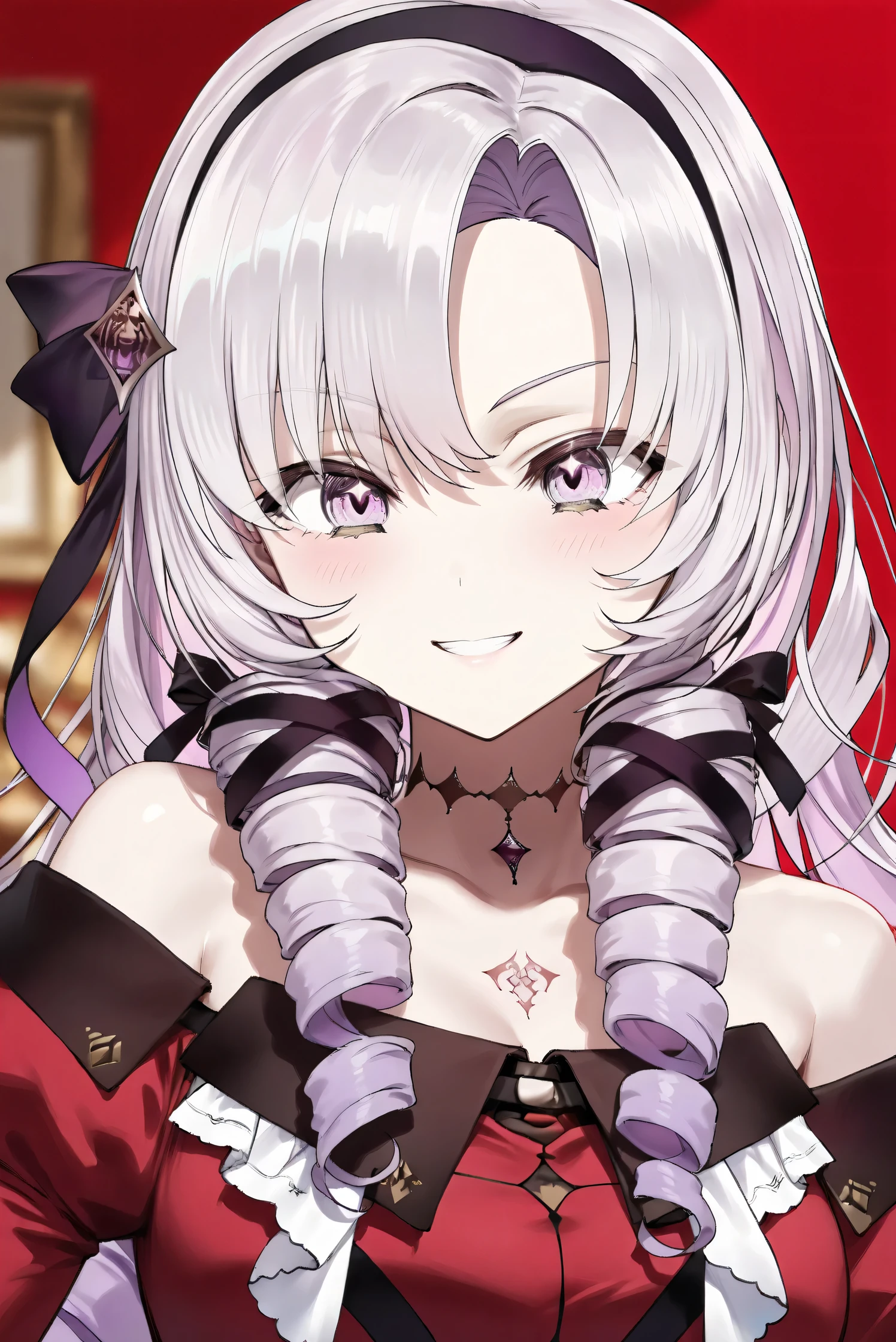 (Masterpiece), (Highest quality), (Very detailed), 
(The best shape), (Best Shadow), (Absurd), 
(Detailed background), (So beautiful), (Shiny), 
(Extraordinary), (Countershading), (8k), (32K), 
(High resolution), (Very Detailed CG), (UHD),

(Score_9), (Score_8_up), (Score_7_up), 
(Source_anime), (Pastel painting:1.2), 
(Watercolor painting:1.2),(Masterpiece, Detailed:1.2), (Foreshortening:1.2),

(Cinematic), (Dramatic), (Depth of field:1.4),
(Blurry background:1.4), (Realistic background:1.4),
(Dynamic angle), (1 girl),

(rose red background), 

(nijisanji), (virtual youtuber), 
(Hyakumantenbara Sarome), 

nijisalome, , purple eyes, light purple hair, 
symbol-shaped pupils, neck tattoo,  tattoo, 
long hair, parted bangs, black hairband, hair ribbon, 

nijisalomecos, red dress, strapless dress, 
argyle pattern dress, long sleeves, juliet sleeves, 
off shoulder,  shoulders, black gloves, 

(portrait), 
(Blush:1.3), (Serious expression), 
(teeth), (grin), 
(Realistic skin), (Shiny skin),