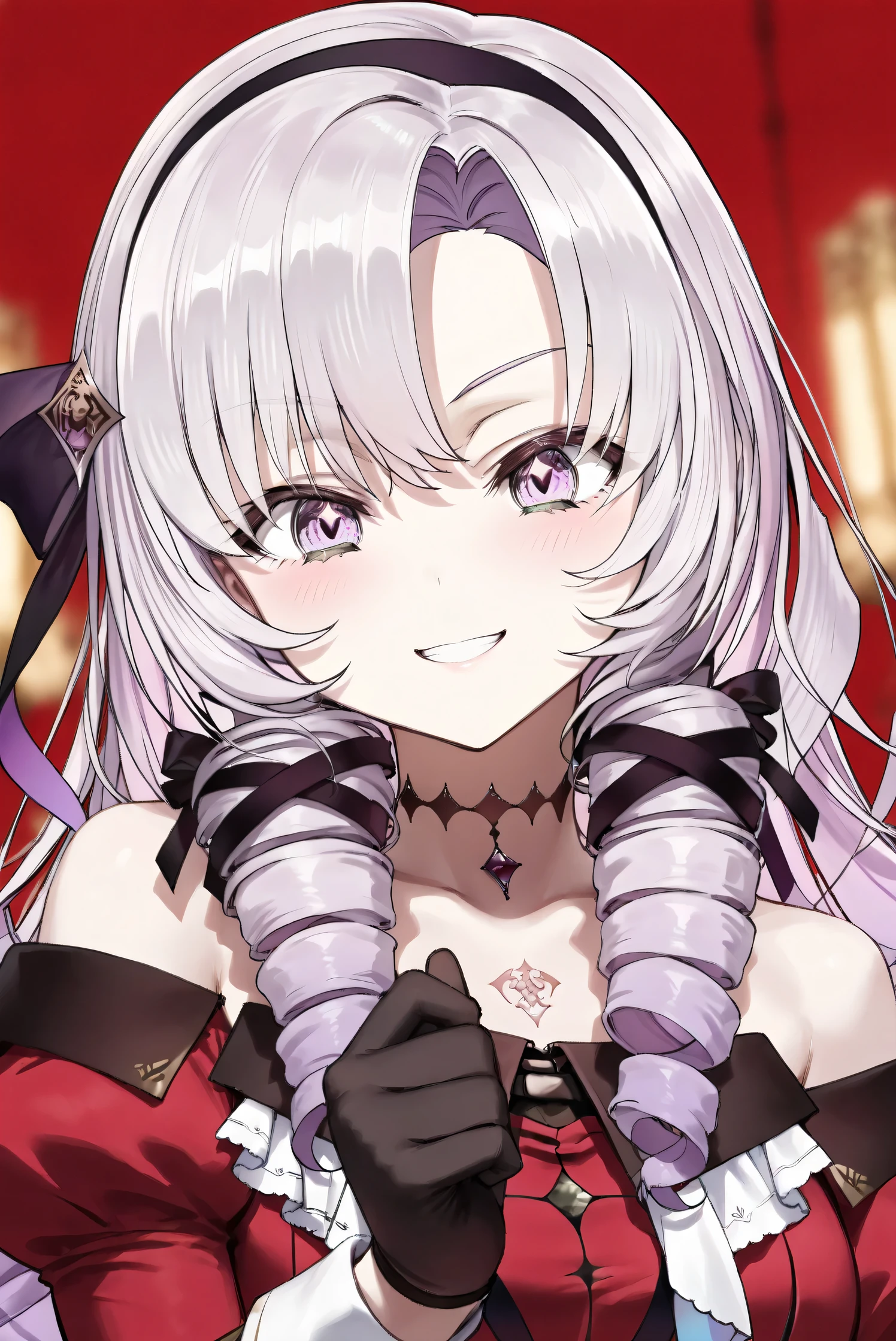 (Masterpiece), (Highest quality), (Very detailed), 
(The best shape), (Best Shadow), (Absurd), 
(Detailed background), (So beautiful), (Shiny), 
(Extraordinary), (Countershading), (8k), (32K), 
(High resolution), (Very Detailed CG), (UHD),

(Score_9), (Score_8_up), (Score_7_up), 
(Source_anime), (Pastel painting:1.2), 
(Watercolor painting:1.2),(Masterpiece, Detailed:1.2), (Foreshortening:1.2),

(Cinematic), (Dramatic), (Depth of field:1.4),
(Blurry background:1.4), (Realistic background:1.4),
(Dynamic angle), (1 girl),

(rose red background), 

(nijisanji), (virtual youtuber), 
(Hyakumantenbara Sarome), 

nijisalome, , purple eyes, light purple hair, 
symbol-shaped pupils, neck tattoo,  tattoo, 
long hair, parted bangs, black hairband, hair ribbon, 

nijisalomecos, red dress, strapless dress, 
argyle pattern dress, long sleeves, juliet sleeves, 
off shoulder,  shoulders, black gloves, 

(portrait), 
(Blush:1.3), (Serious expression), 
(teeth), (grin), 
(Realistic skin), (Shiny skin),