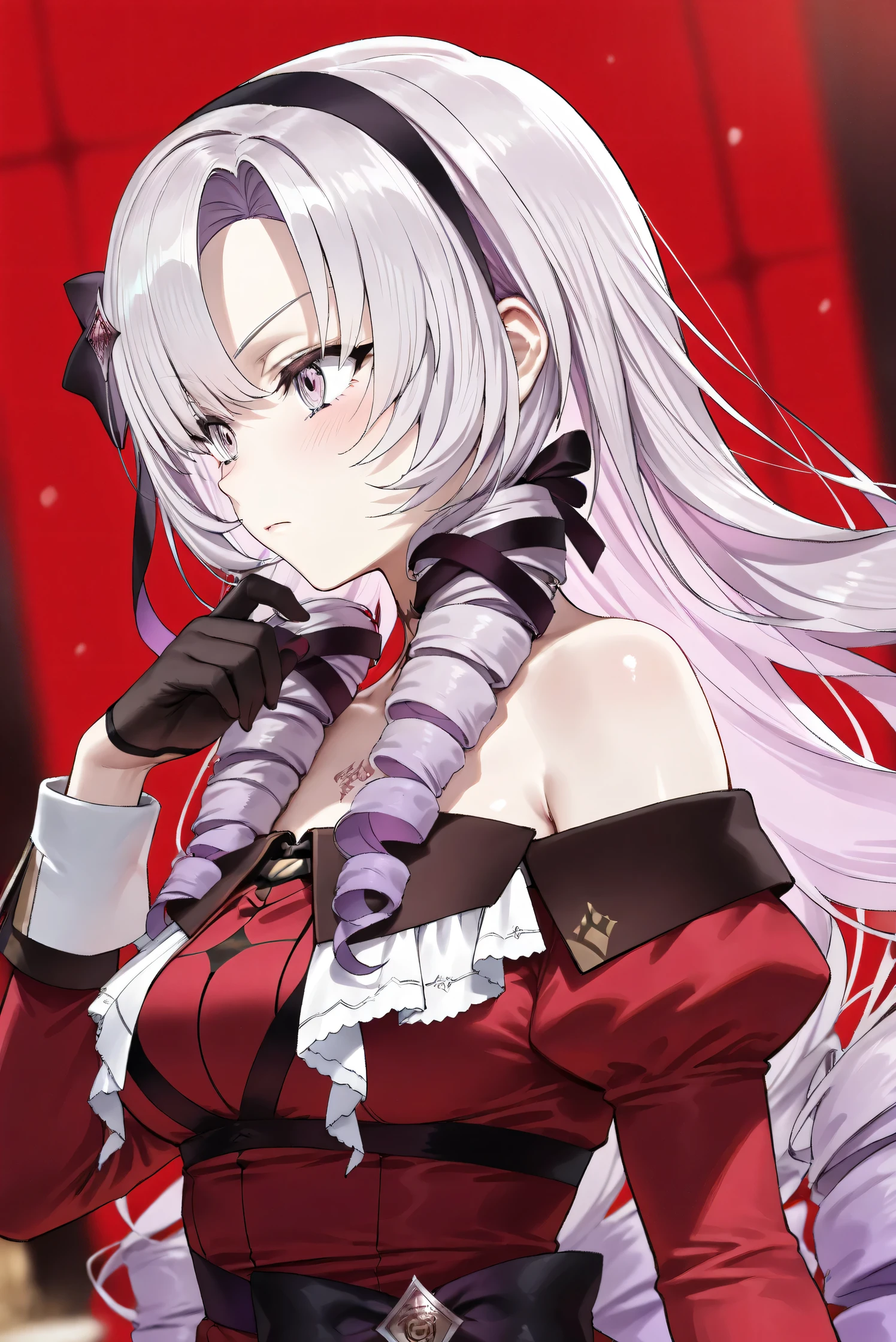 (Masterpiece), (Highest quality), (Very detailed), 
(The best shape), (Best Shadow), (Absurd), 
(Detailed background), (So beautiful), (Shiny), 
(Extraordinary), (Countershading), (8k), (32K), 
(High resolution), (Very Detailed CG), (UHD),

(Score_9), (Score_8_up), (Score_7_up), 
(Source_anime), (Pastel painting:1.2), 
(Watercolor painting:1.2),(Masterpiece, Detailed:1.2), (Foreshortening:1.2),

(Cinematic), (Dramatic), (Depth of field:1.4),
(Blurry background:1.4), (Realistic background:1.4),
(Dynamic angle), (1 girl),

(rose red background), 

(nijisanji), (virtual youtuber), 
(Hyakumantenbara Sarome), 

nijisalome, , purple eyes, light purple hair, 
symbol-shaped pupils, neck tattoo,  tattoo, 
long hair, parted bangs, black hairband, hair ribbon, 

nijisalomecos, red dress, strapless dress, 
argyle pattern dress, long sleeves, juliet sleeves, 
off shoulder,  shoulders, black gloves, 

(portrait), (from side),
(Blush:1.3), (Serious expression), 
(clenched teeth:0.7), 
(Realistic skin), (Shiny skin),