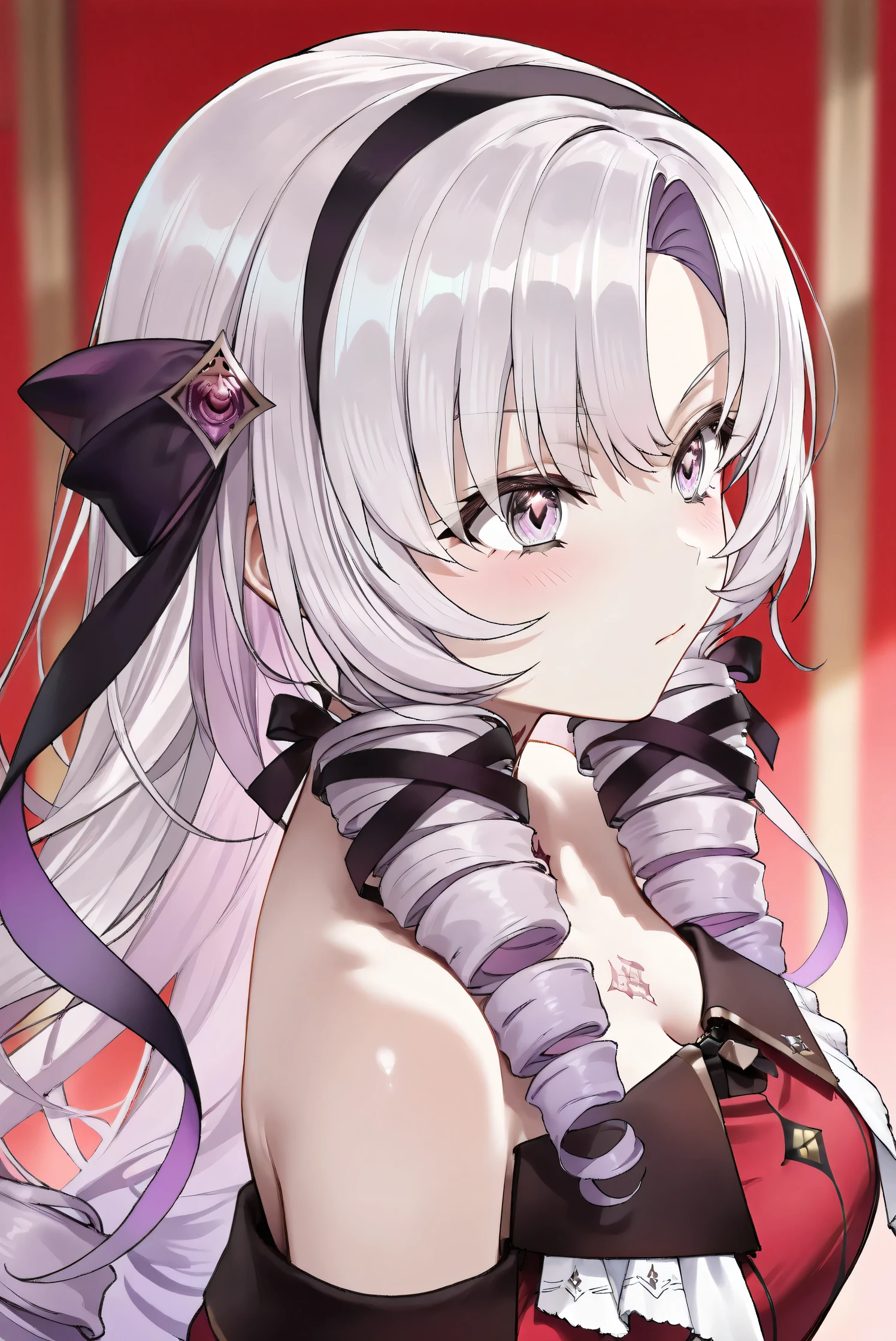 (Masterpiece), (Highest quality), (Very detailed), 
(The best shape), (Best Shadow), (Absurd), 
(Detailed background), (So beautiful), (Shiny), 
(Extraordinary), (Countershading), (8k), (32K), 
(High resolution), (Very Detailed CG), (UHD),

(Score_9), (Score_8_up), (Score_7_up), 
(Source_anime), (Pastel painting:1.2), 
(Watercolor painting:1.2),(Masterpiece, Detailed:1.2), (Foreshortening:1.2),

(Cinematic), (Dramatic), (Depth of field:1.4),
(Blurry background:1.4), (Realistic background:1.4),
(Dynamic angle), (1 girl),

(rose red background), 

(nijisanji), (virtual youtuber), 
(Hyakumantenbara Sarome), 

nijisalome, , purple eyes, light purple hair, 
symbol-shaped pupils, neck tattoo,  tattoo, 
long hair, parted bangs, black hairband, hair ribbon, 

nijisalomecos, red dress, strapless dress, 
argyle pattern dress, long sleeves, juliet sleeves, 
off shoulder,  shoulders, black gloves, 

(portrait), (from side),
(Blush:1.3), (Serious expression), 
(clenched teeth:0.7), 
(Realistic skin), (Shiny skin),