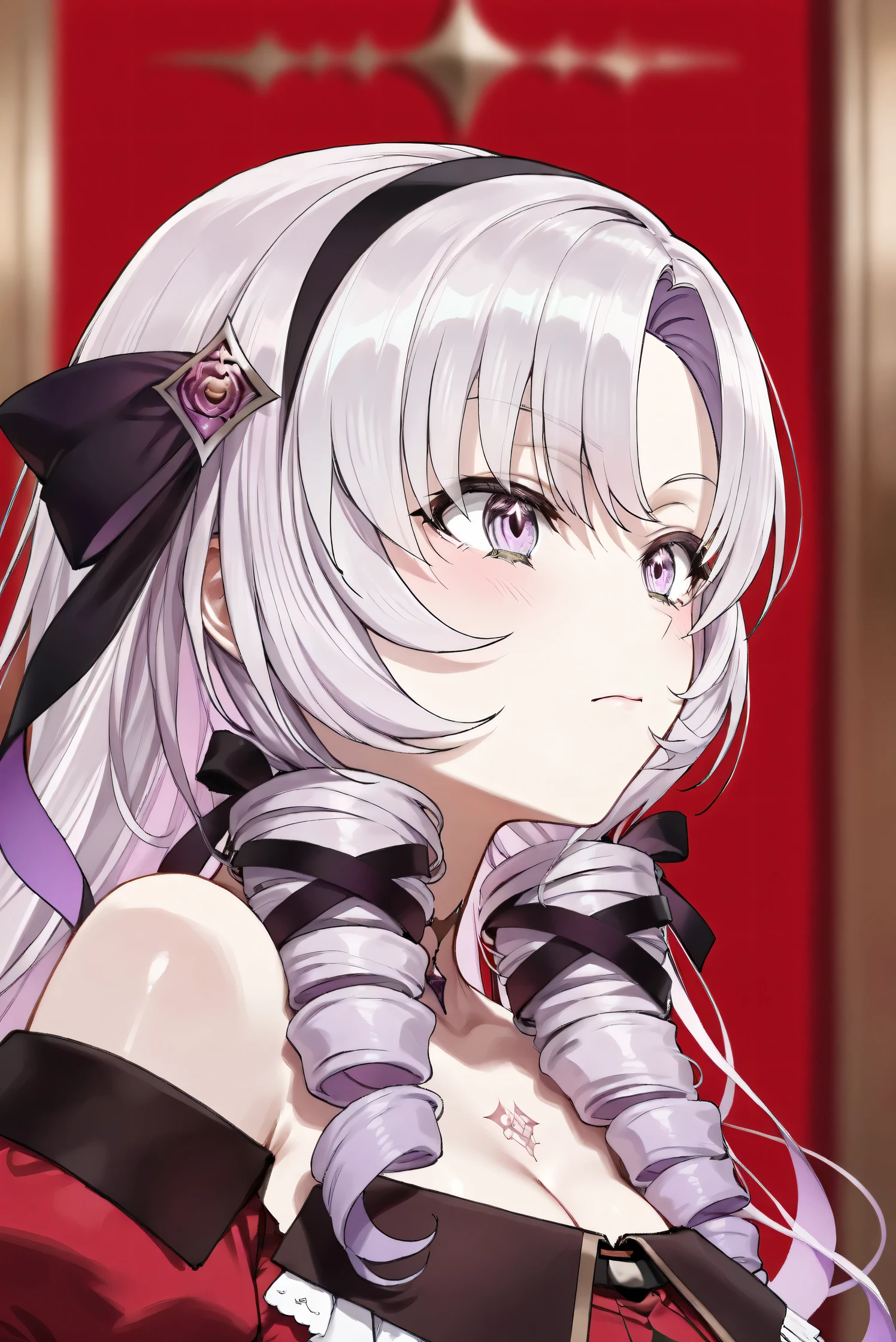 (Masterpiece), (Highest quality), (Very detailed), 
(The best shape), (Best Shadow), (Absurd), 
(Detailed background), (So beautiful), (Shiny), 
(Extraordinary), (Countershading), (8k), (32K), 
(High resolution), (Very Detailed CG), (UHD),

(Score_9), (Score_8_up), (Score_7_up), 
(Source_anime), (Pastel painting:1.2), 
(Watercolor painting:1.2),(Masterpiece, Detailed:1.2), (Foreshortening:1.2),

(Cinematic), (Dramatic), (Depth of field:1.4),
(Blurry background:1.4), (Realistic background:1.4),
(Dynamic angle), (1 girl),

(rose red background), 

(nijisanji), (virtual youtuber), 
(Hyakumantenbara Sarome), 

nijisalome, , purple eyes, light purple hair, 
symbol-shaped pupils, neck tattoo,  tattoo, 
long hair, parted bangs, black hairband, hair ribbon, 

nijisalomecos, red dress, strapless dress, 
argyle pattern dress, long sleeves, juliet sleeves, 
off shoulder,  shoulders, black gloves, 

(portrait), (from side),
(Blush:1.3), (Serious expression), 
(clenched teeth:0.7), 
(Realistic skin), (Shiny skin),