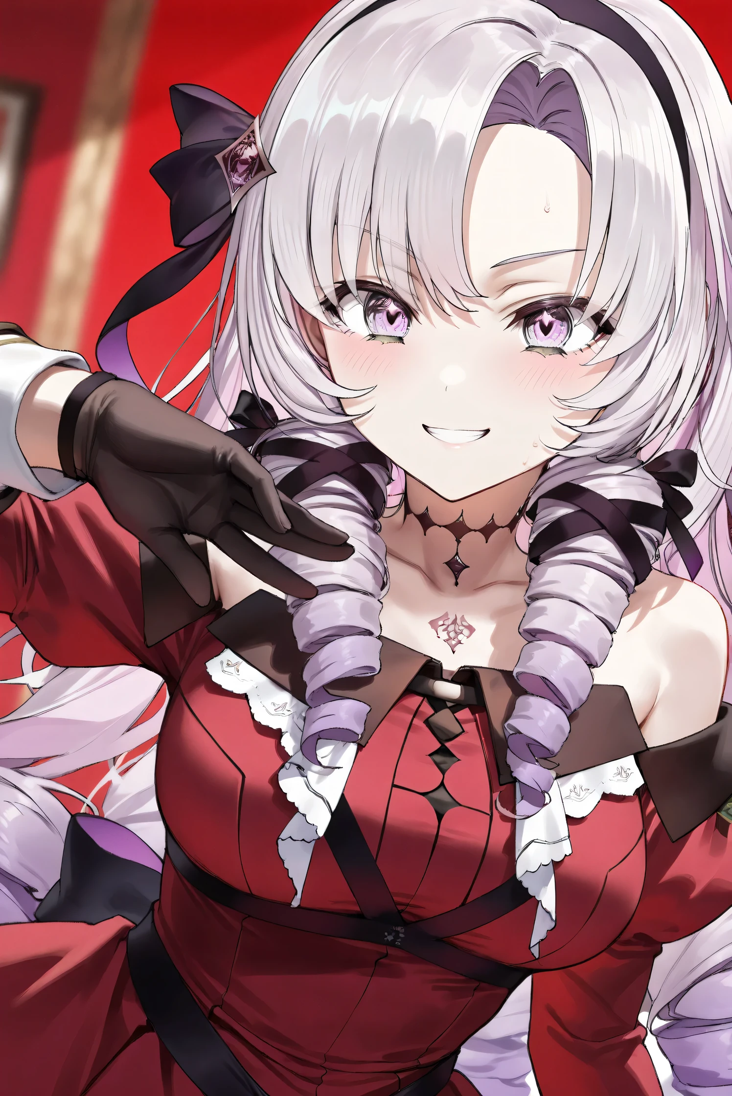 (Masterpiece), (Highest quality), (Very detailed), 
(The best shape), (Best Shadow), (Absurd), 
(Detailed background), (So beautiful), (Shiny), 
(Extraordinary), (Countershading), (8k), (32K), 
(High resolution), (Very Detailed CG), (UHD),

(Score_9), (Score_8_up), (Score_7_up), 
(Source_anime), (Pastel painting:1.2), 
(Watercolor painting:1.2),(Masterpiece, Detailed:1.2), (Foreshortening:1.2),

(Cinematic), (Dramatic), (Depth of field:1.4),
(Blurry background:1.4), (Realistic background:1.4),
(Dynamic angle), (1 girl),

(rose red background), 

(nijisanji), (virtual youtuber), 
(Hyakumantenbara Sarome), 

nijisalome, , purple eyes, light purple hair, 
symbol-shaped pupils, neck tattoo,  tattoo, 
long hair, parted bangs, black hairband, hair ribbon, 

nijisalomecos, red dress, strapless dress, 
argyle pattern dress, long sleeves, juliet sleeves, 
off shoulder,  shoulders, black gloves, 

(portrait), 
(Blush:1.3), (Serious expression), 
(teeth), (grin), (cold sweat), 
(Realistic skin), (Shiny skin),