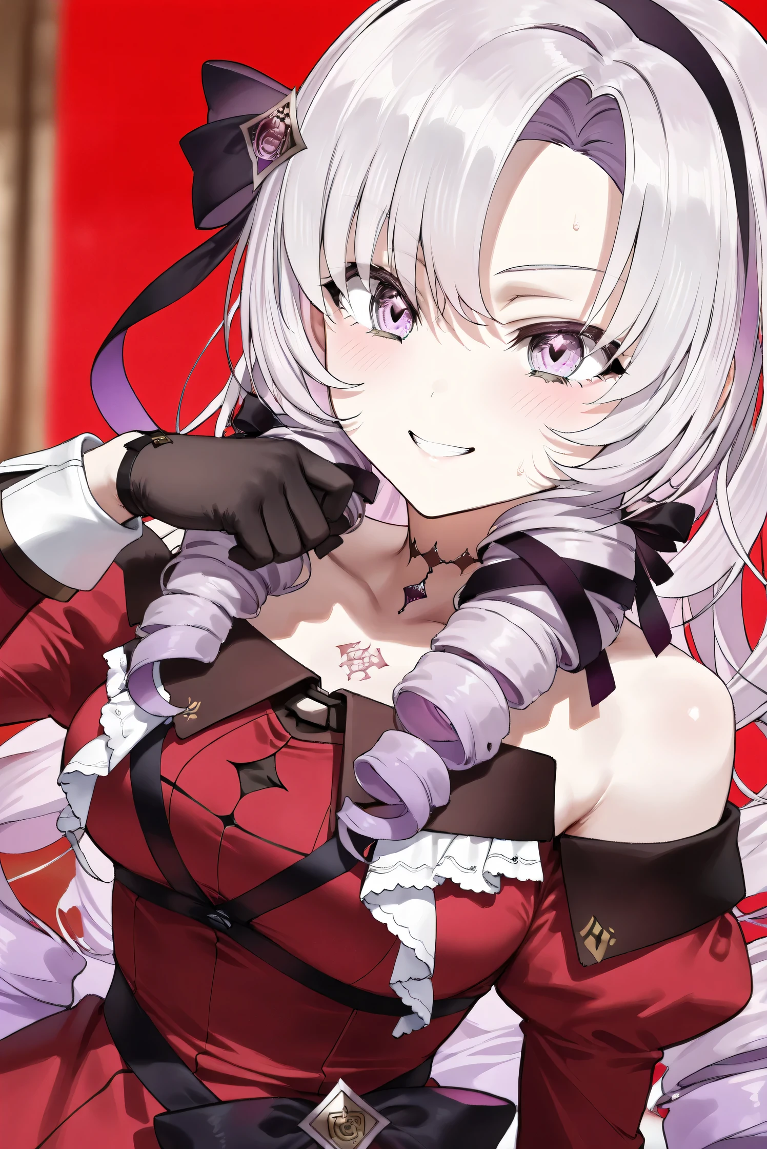 (Masterpiece), (Highest quality), (Very detailed), 
(The best shape), (Best Shadow), (Absurd), 
(Detailed background), (So beautiful), (Shiny), 
(Extraordinary), (Countershading), (8k), (32K), 
(High resolution), (Very Detailed CG), (UHD),

(Score_9), (Score_8_up), (Score_7_up), 
(Source_anime), (Pastel painting:1.2), 
(Watercolor painting:1.2),(Masterpiece, Detailed:1.2), (Foreshortening:1.2),

(Cinematic), (Dramatic), (Depth of field:1.4),
(Blurry background:1.4), (Realistic background:1.4),
(Dynamic angle), (1 girl),

(rose red background), 

(nijisanji), (virtual youtuber), 
(Hyakumantenbara Sarome), 

nijisalome, , purple eyes, light purple hair, 
symbol-shaped pupils, neck tattoo,  tattoo, 
long hair, parted bangs, black hairband, hair ribbon, 

nijisalomecos, red dress, strapless dress, 
argyle pattern dress, long sleeves, juliet sleeves, 
off shoulder,  shoulders, black gloves, 

(portrait), 
(Blush:1.3), (Serious expression), 
(teeth), (grin), (cold sweat), 
(Realistic skin), (Shiny skin),