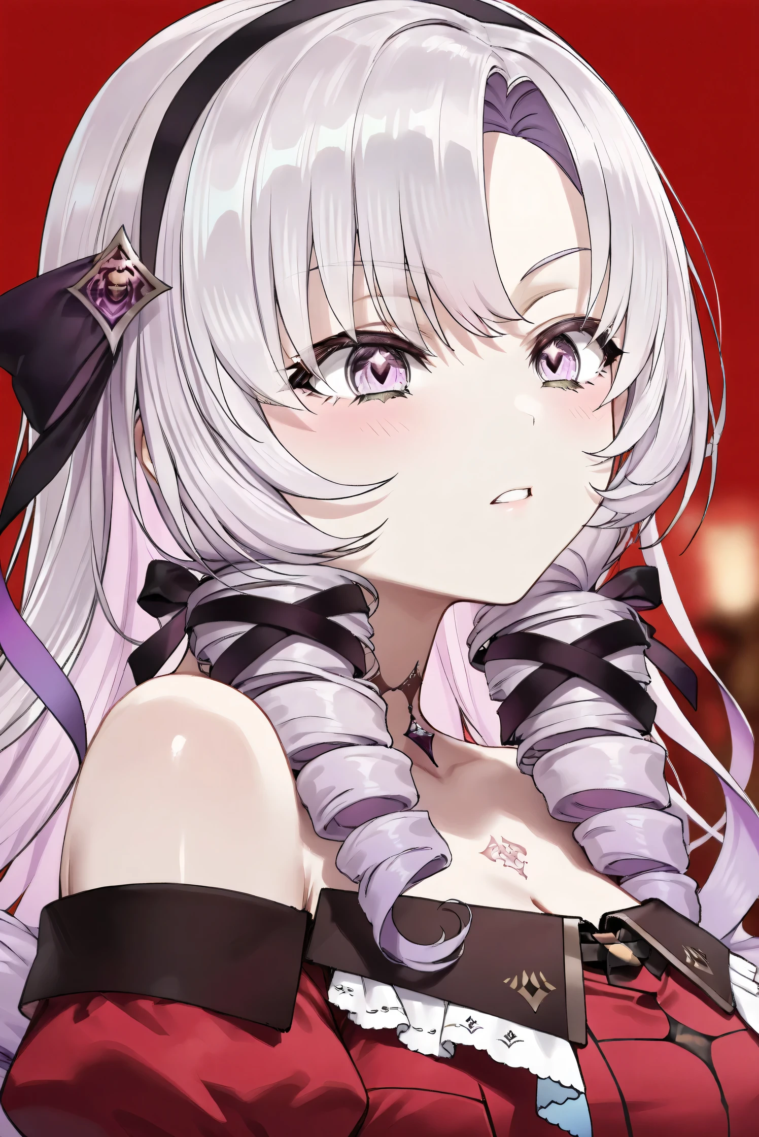 (Masterpiece), (Highest quality), (Very detailed), 
(The best shape), (Best Shadow), (Absurd), 
(Detailed background), (So beautiful), (Shiny), 
(Extraordinary), (Countershading), (8k), (32K), 
(High resolution), (Very Detailed CG), (UHD),

(Score_9), (Score_8_up), (Score_7_up), 
(Source_anime), (Pastel painting:1.2), 
(Watercolor painting:1.2),(Masterpiece, Detailed:1.2), (Foreshortening:1.2),

(Cinematic), (Dramatic), (Depth of field:1.4),
(Blurry background:1.4), (Realistic background:1.4),
(Dynamic angle), (1 girl),

(rose red background), 

(nijisanji), (virtual youtuber), 
(Hyakumantenbara Sarome), 

nijisalome, , purple eyes, light purple hair, 
symbol-shaped pupils, neck tattoo,  tattoo, 
long hair, parted bangs, black hairband, hair ribbon, 

nijisalomecos, red dress, strapless dress, 
argyle pattern dress, long sleeves, juliet sleeves, 
off shoulder,  shoulders, black gloves, 

(portrait), (from side), 
(Blush:1.3), (Serious expression), 
(teeth), (grin:0.8), 
(Realistic skin), (Shiny skin),