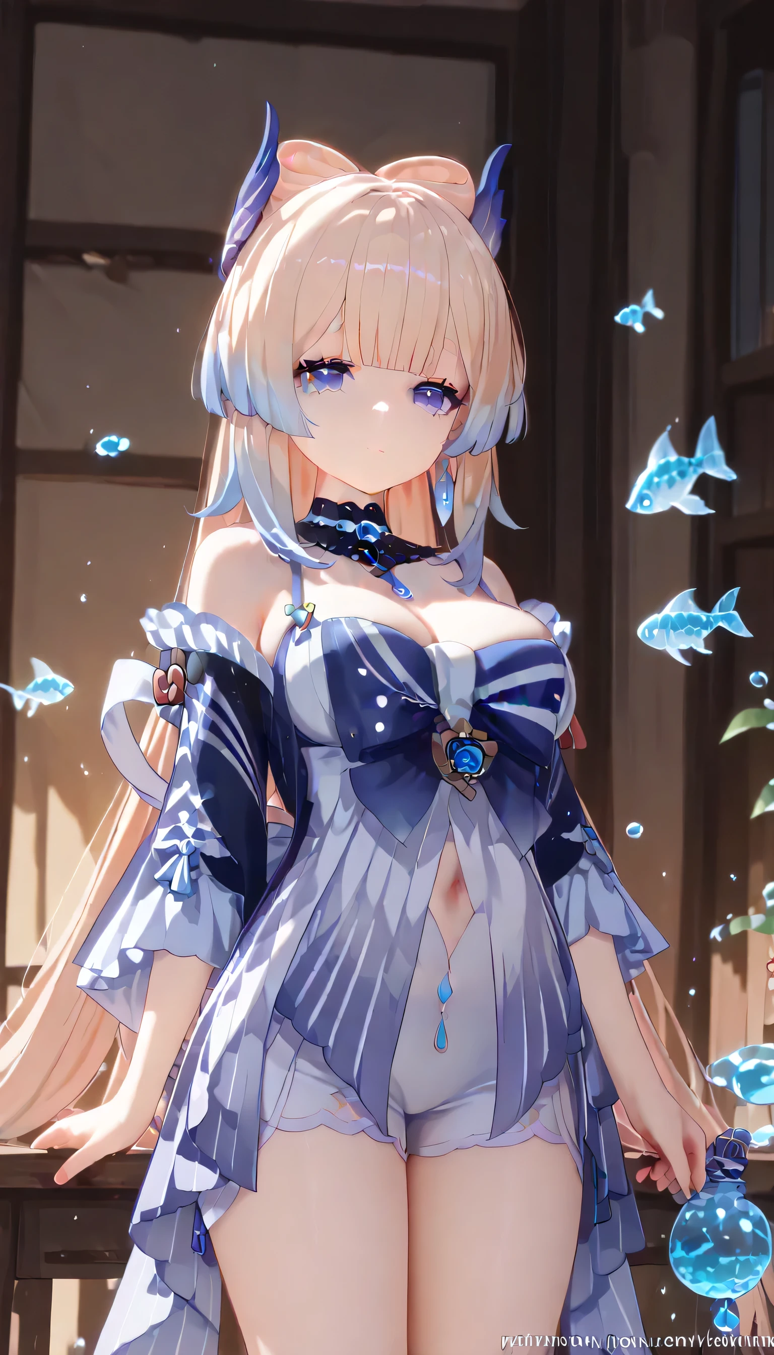 Kokomi Sangonomiya, genshin, medium shot, water fish, big breast.