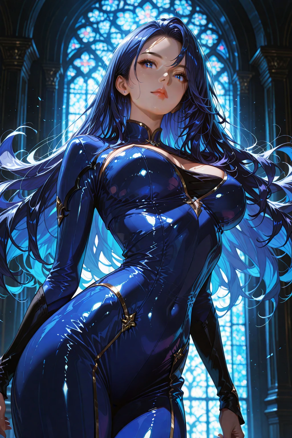 Long dark iridescent hair, iridescent eyes, small waist  large thighs, black  tights,military outfit, Women