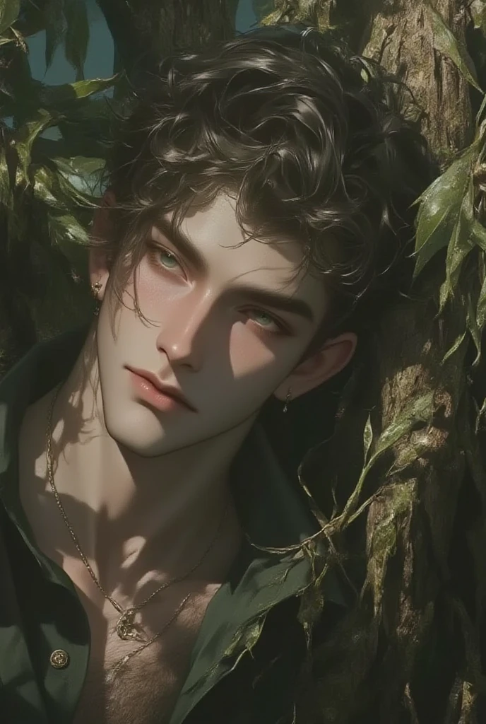 leaf-man, so many leaf growing from his natural skin, cute, 20-years-old, Embarrassed look, slender body, Asian, Eyes Wide Open, crew cut hair, detailed skin, masterpiece,
