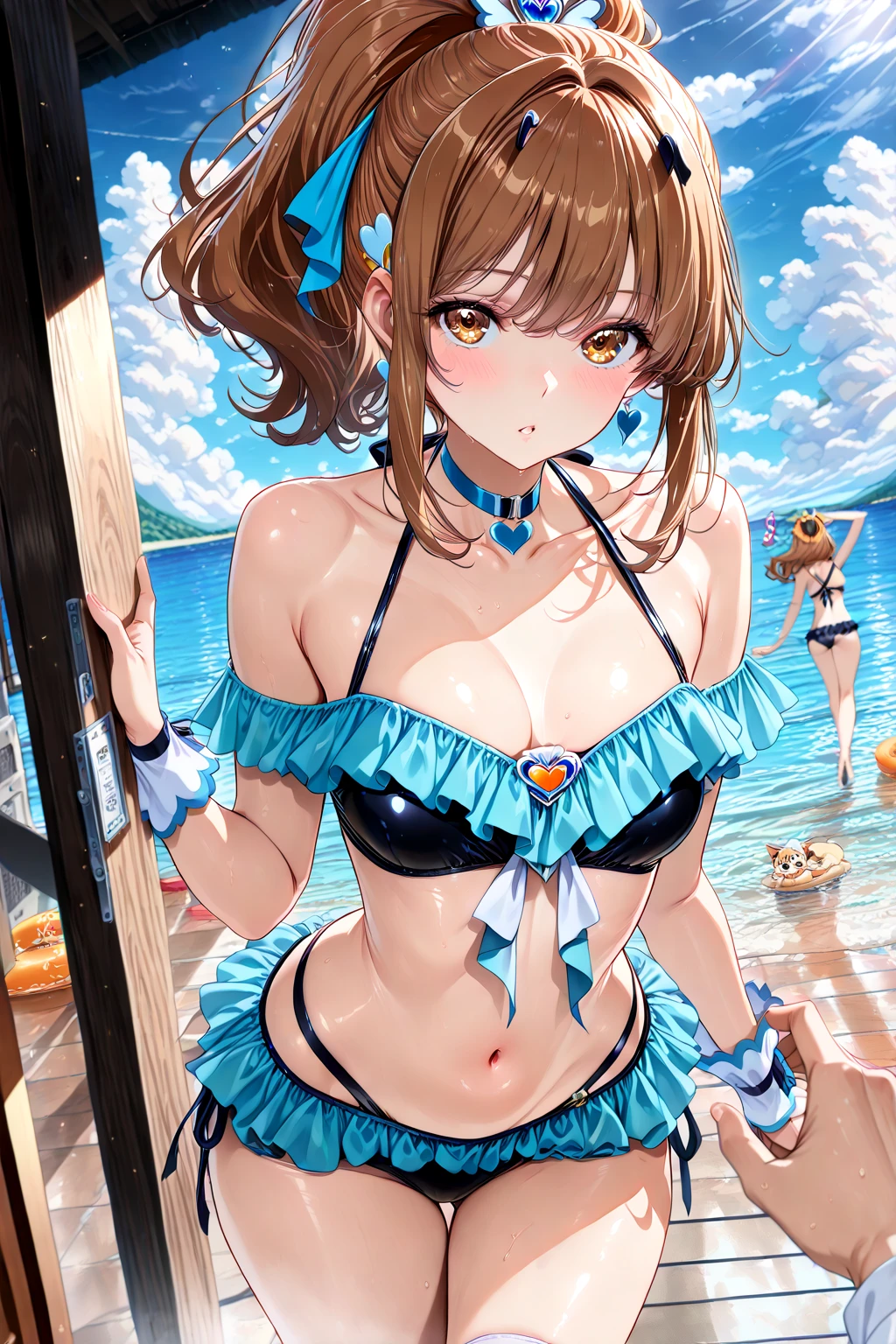  最high quality, high quality, High resolution, High quality texture, high qualityの影, Attention to detail, Beautiful details, In detail, Highly detailed CG, Detailed Texture, Realistic  expressions, Realistic, colorful, delicate, Cinematic Light, Ray Tracing, Sharp focus, (Intricate details, compensate, Pure Eros Face_v1:0.5), (Beautiful and delicate face, Fine and beautiful delicate eyes, Perfectly balanced face, Attention to detail肌, Detailed skin, The optimal ratio is four fingers to one thumb, ((())), (Large Breasts), (((Cleavage))), ((Smooth texture, Realistic texture, Realistic)), Beautiful eyes in every detail, Beautiful eyelashes, orange eyes,, (((Blonde medium hair))), 1 female, By the pool, (((Kneel))), (((Light blue sailor suit, No sleeve, Front opening))), (((belly button ))), (((Sheer  skirt))), (Beautiful Face, Cute Face, Detailed face), By the pool, (Cowboy Shot), (((Put your arms behind your head and show your armpits))), (((sunny))), Perfect Eyes Eyes,