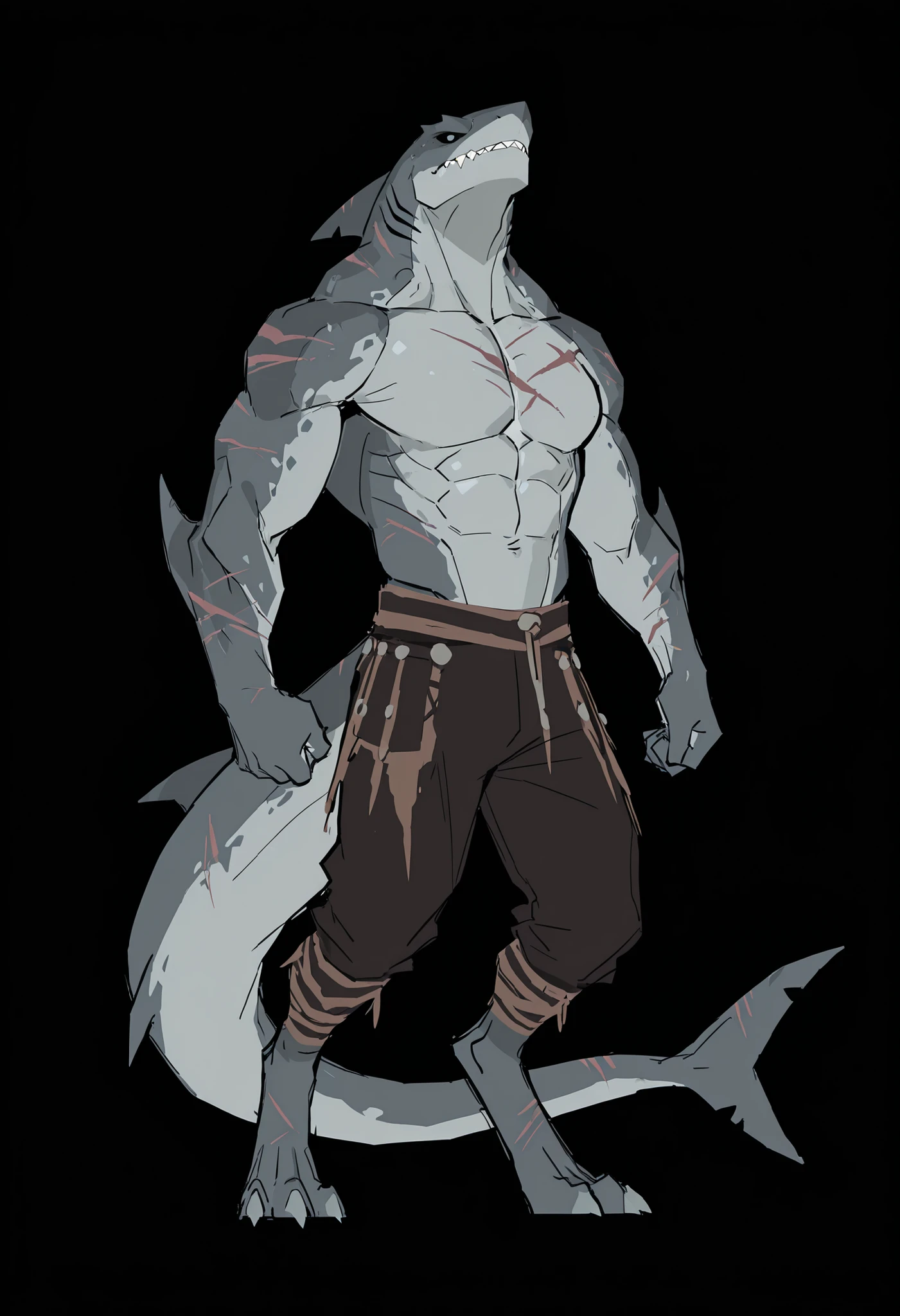 sharkman, anthro megalodon, solo, dnd, lizard shark hybrid, anthro, barbarian, detailed scalie skin, dark detailed eyes, fins on arms, gray color body, digitigrade legs, proporcional body, wide chest, old scars, abs, wearing dark pants, marked jaw, 3 toes, strong shark tail, dorsal fin on spine, best quality, sketch, ultra-detailed, detailed illustration of 4K horror, simple dark background