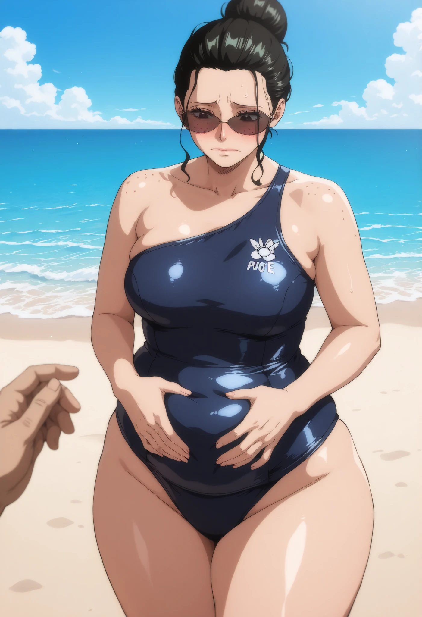 ((Highest quality)), ((masterpiece)), (detailed) Perfect hands, Perfect Fingers, anime, Ultra-fine illustration, (One woman),, One Shoulder One Piece Swimsuit, Black hair bun, (Dark sunglasses), adult, mature, ashamed, embarrassed, ,Are standing, (her hands on her belly), Ocean, Beach, summer, noon, blue sky, Outdoor, Cowboy Shot, chubby, soft, pudgy, curvy, adult mature face, freckles, one piece swimsuit straining around her waist, sad about her weight gain, only her in view, medium breasts, ashamed, embarrassed, fat thighs, fat hips,