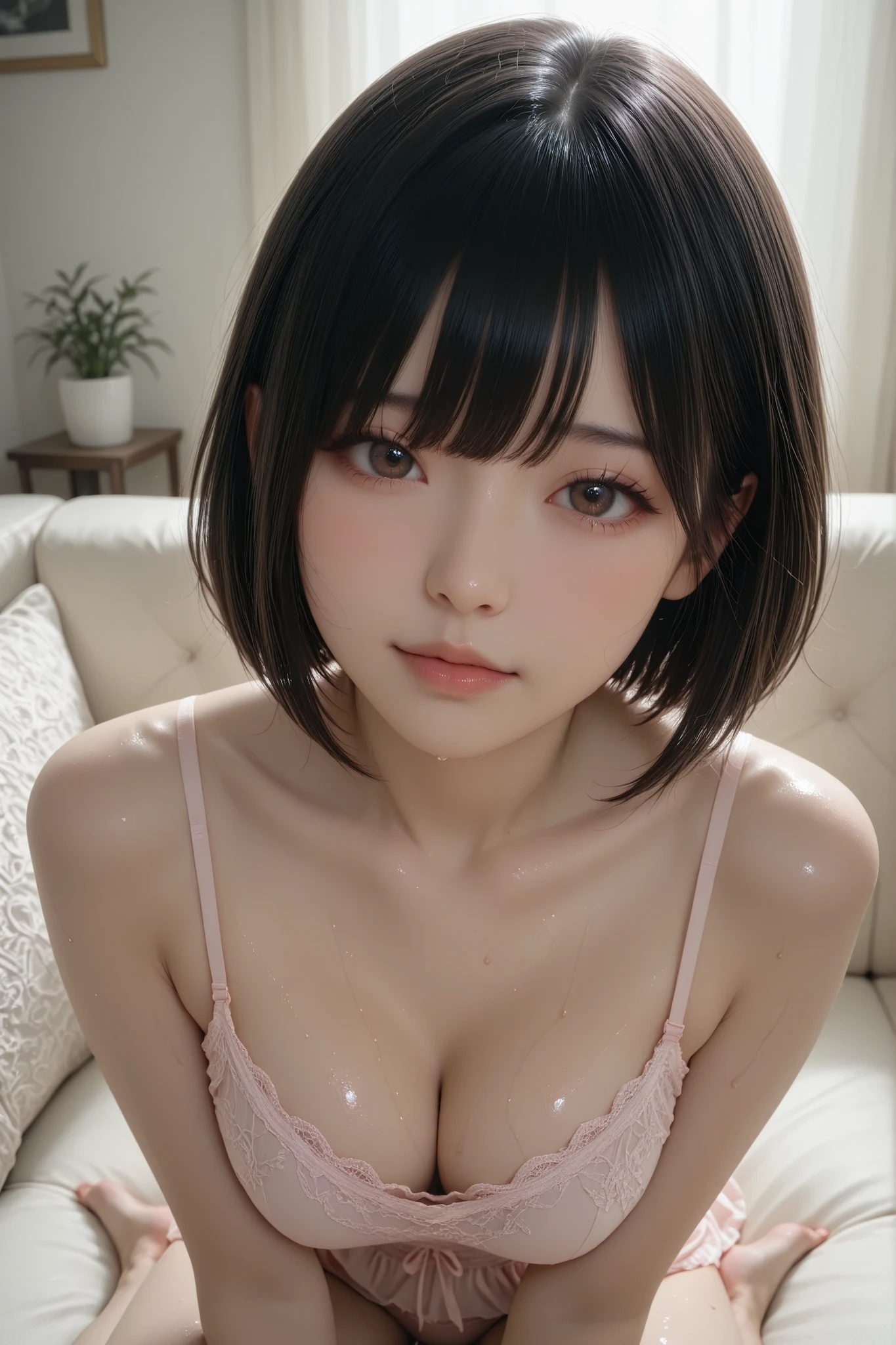 Masterpiece, best quality, ultra-detailed, 8k, rich-contrast.
A girl, embodying ephemeral prettiness, cute face.
She has gracefully proportioned, busty and a cleanly structured neckline.
Her soft-shaped eyes, separated lashes, and delicate glossed lips.
Her angled short bob, with silky smooth in dark-tone brown, complete her look with a serene, subtly seductive.
She wears a drapy white silk and lace camisole-dress, skimming her frame with a fit, layered over a panties.
She sits, sinks into the large sofa, both hands adjusting outfit, subtly leaning back, one knee bent, her posture relaxed yet attentive.
Subtle tilted her head, her posture relaxed yet sweaty.
Her soft glances at the viewer, eyes hold a soft dreamy glow, subtle innocence allure.
eye-level, medium shot, 85mm, shallow depth of field.
Inside humid, her private room, soft pastel wall — inspired by Jirai-Kei fashion Style.
Soft interior light that fills the space from distant.
A gentle volumetric spotlight illuminates her figure and surface with subtle warmth, enhancing the faint shimmer of outfit and her form.
The soft moisture diffused light wrapping her outline, like liquid dusk.