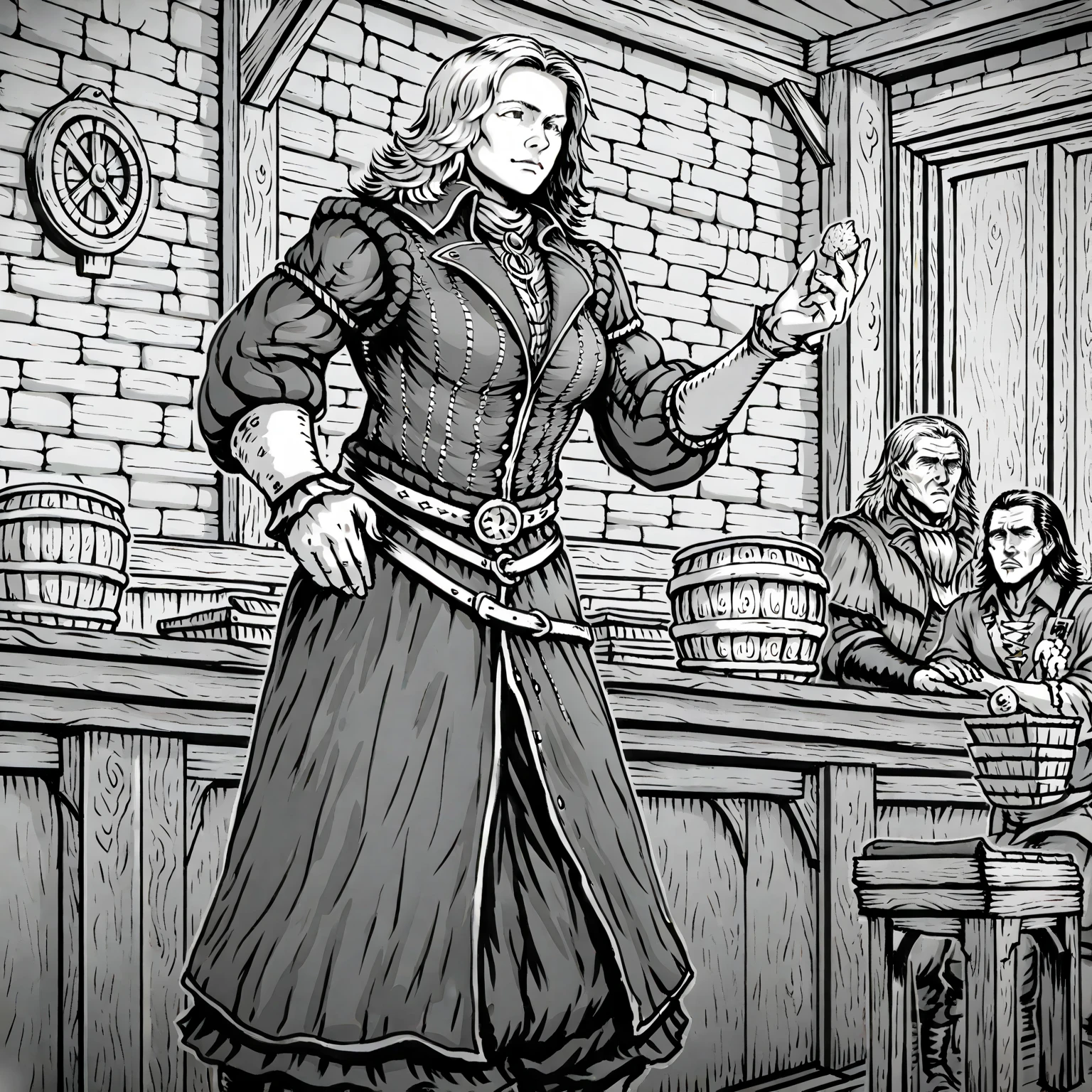 b/w line art illustration, Extremely fine lines，Inside an old tavern in medieval England，Gilliae/w line art style, Little beautiful tavern girl，Giant breasts, narrow waist, medieval long dress，Half chest ，Holding a wooden wine glass and laughing with a group of male guests，Candle light and shadow，Cinematic lighting，Soft focus effect，Detailed and complex background， Baroque style，Renaissance art ，realistic, Track focus，Fill light， Welcoming atmosphere，Place is dirty，confusion，