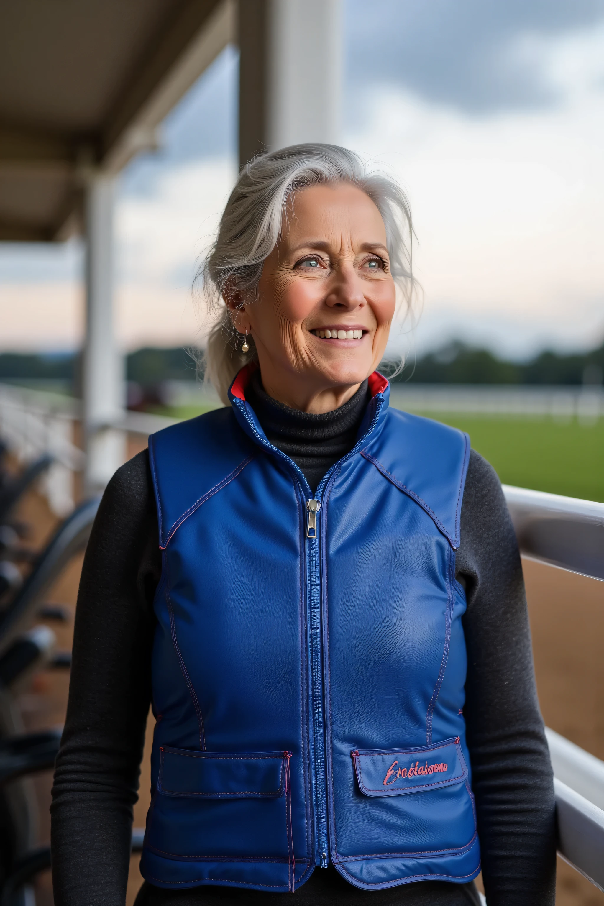 a 62 year old woman is at a horse racing track in the grandstands the woman is wearing a thick heavy stiffly padded protective horse riding vest with metallic blue color and bright metallic red accents and pockets, the horses runs on a track at dusk,