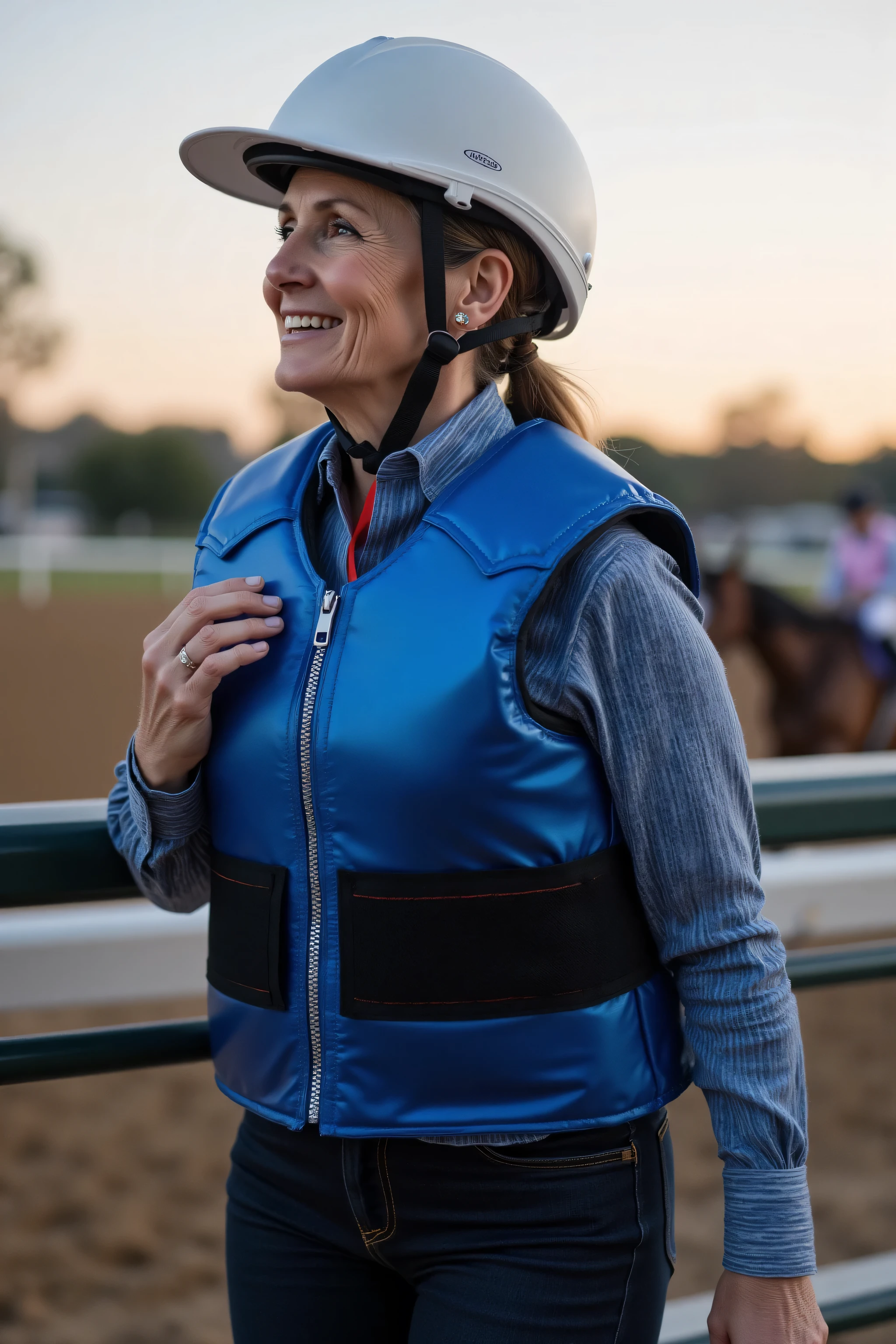 a 62 year old woman is at a horse racing track in the grandstands the woman is wearing a thick heavy stiffly padded protective horse riding vest with metallic blue color and bright metallic red accents and pockets, the horses runs on a track at dusk,