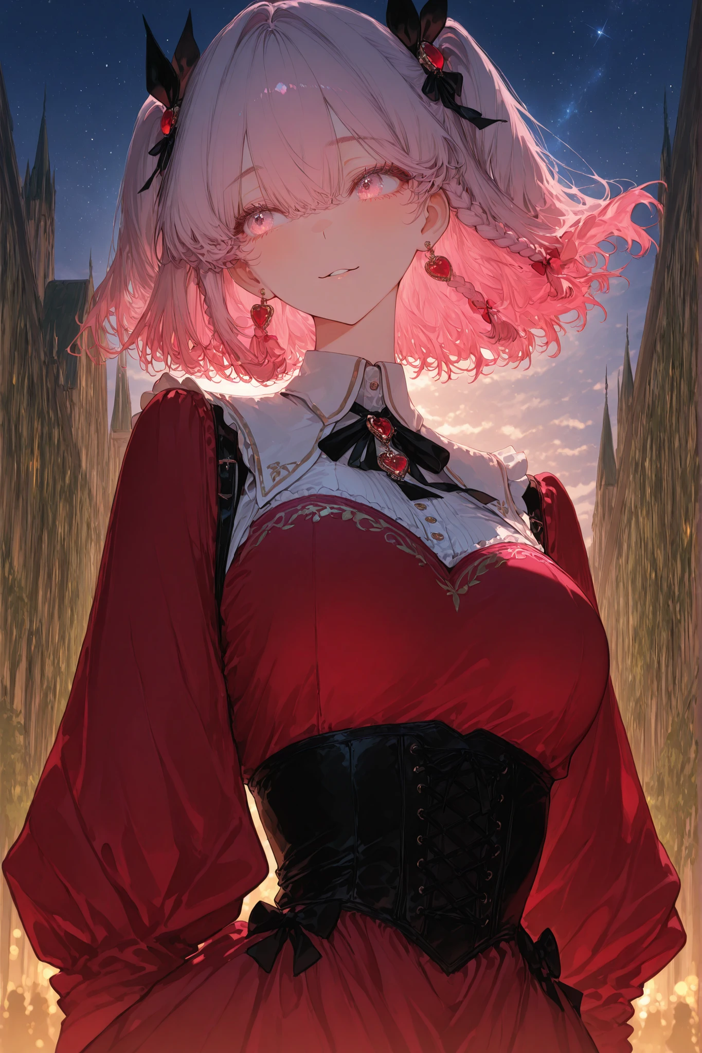 A young woman is in a garden-like environment, with lush green foliage in the background. She is dressed in a classic maid outfit that consists of a black dress with a white apron, with details in pink, like bows on the chest and skirt hem. the skirt is short, with a pink finish with ruffles that add a touch of fun. She wears black thigh-high socks that complement her outfit. Her hair is combed in braids and is pastel pink, contributing to her overall youthful appearance. Your hand is raised gently to your chest in a subtle gesture.  near , Um pequeno, Cute with dark details hangs, adding an extravagant element to the scene. The lighting is bright, suggesting daylight hours, and the setting conveys a cheerful pink creature, enchanting atmosphere.