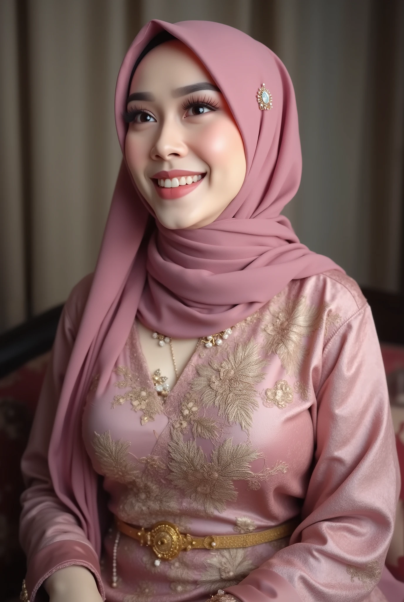 hyper HD, Masterpiece, Textured skin, 4K, Best quality of potrait a Beautiful hijab hooded asian woman white fairy skin wearing kebaya outfit , perfect veil hijab muslimah style, detail scarf , close-up half body , happy vibes, beauty smile open mouth showing teeth , smiling confident , looking at outside, aside dynamic relax pose , , muscle upper body , ultrarealistic , hyper detail , sharp and smooth , best quality , high resolution .