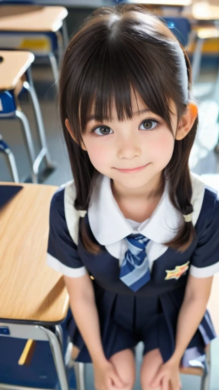 Japanese,7 years old,Innocent face,Teenage Girl,cute,Primary school students,private elementary school,uniform,Summer clothes,Are standing,Entrance ceremony,In front of the school gate,from the front,Close-up photo from the waist up,Twin tails,short hair,Hair Clip