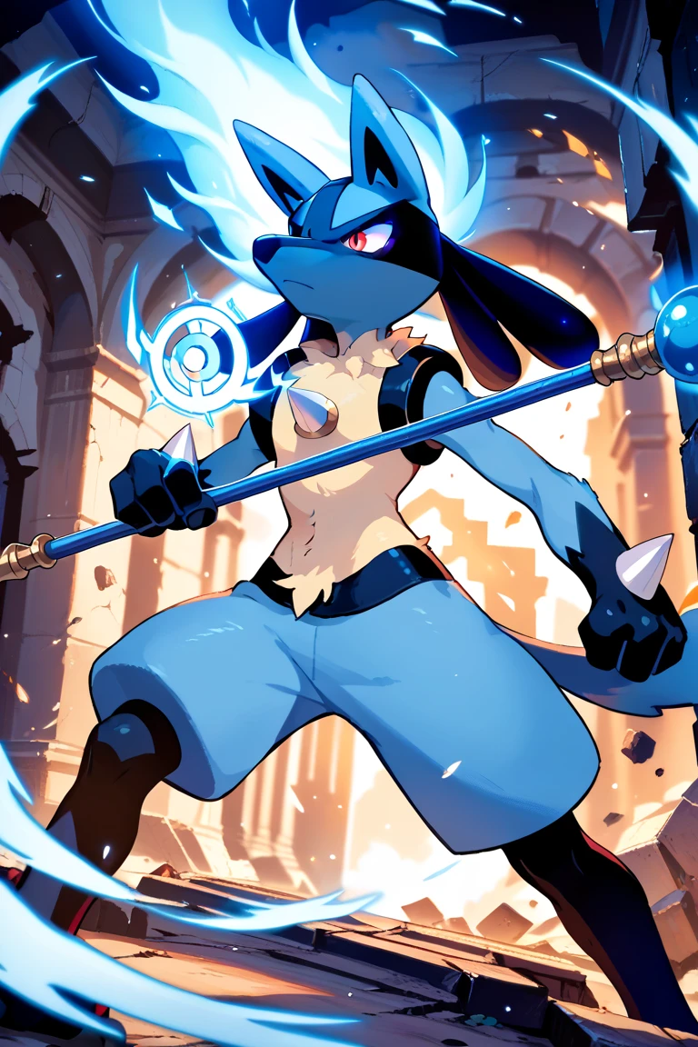 (high definition:1.3),((masterpiece)),best quality, (max quality),high resolution,high details,Lucario, full body(Fighting Pose) Armor, Spear, Medieval Warrior, (dense sweat:1.4), casting lightning, electricity, swirling fire, radiating power, sparks, smoke, magic, ((dramatic)), epic, battlefield, depth of field, bokeh, 4k, gothic, ember, particles,