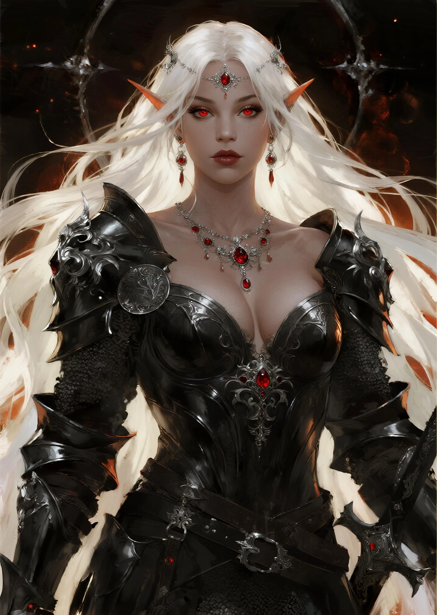 (masterpiece:1.1), (best quality:1.1), (ornate:1.1), (monochrome:1.3), (black and white:1.3), BREAK, (horror:1.0), (esoteric:1.1), (solo:1.4), (dynamic angle:1.0), (cowboy shot:1.0), (woman:1.1),(very muscular bodybuilder girl:1.25), (huge upper body:1.25), (narrow hips:1.0), long hair, (gothic intricate vampiric armor:1.25), ((full body front view)), (gauntlets:1.0), (shoulder armor:1.1), ((tarot style frame:1.25)), (glowing red veins:1.25)