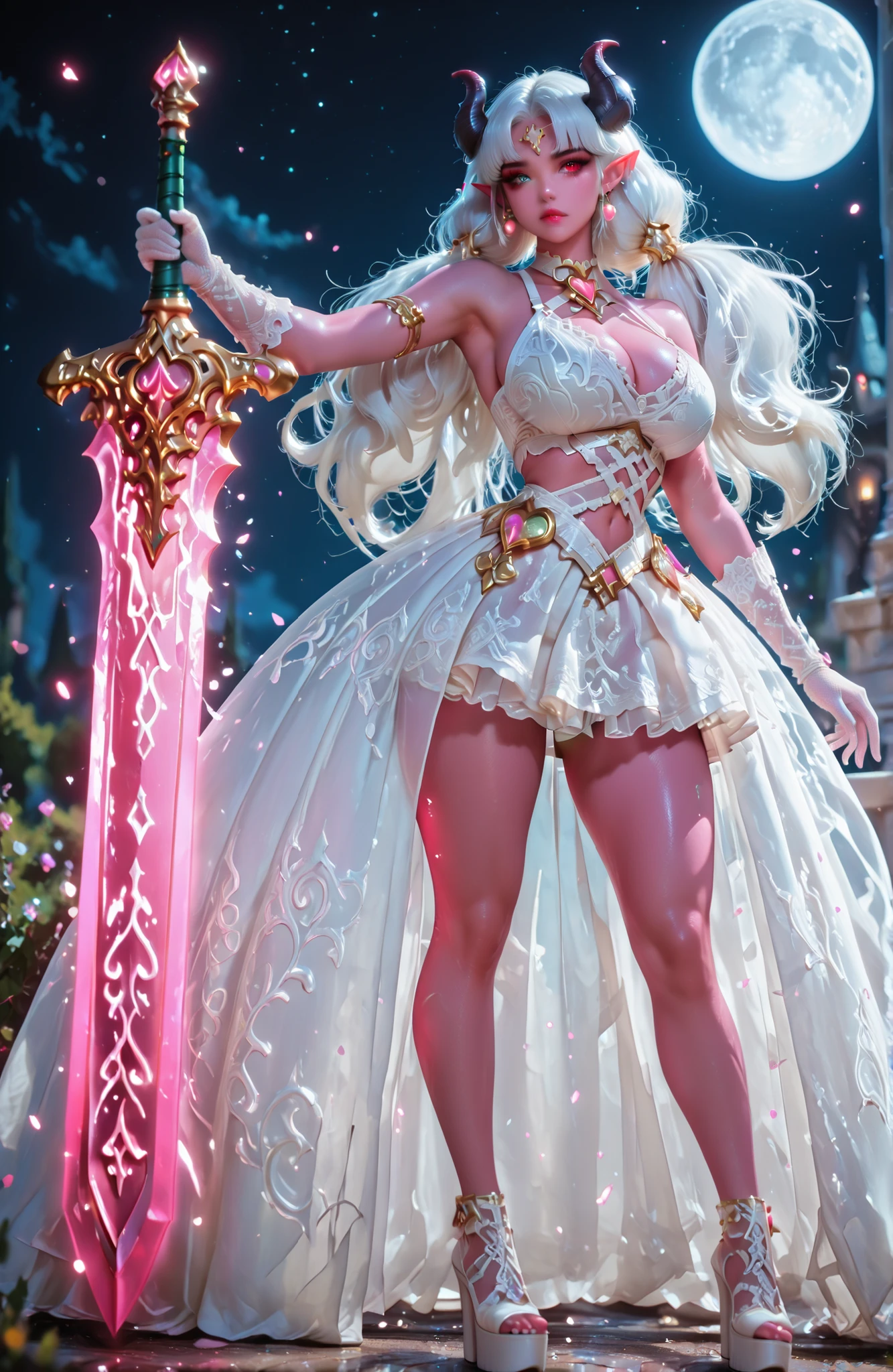 cancerprincess,reij-drsswhtrs, white harness dress, white long train, white platform heels, white lace gloves, white choker,BGMainFemale, Tiefling, 1girl, , demon horns, pointy ears,white dress, ball gown , white highheels, (see-through), ,Athletic build, tall figure, long ears, red eyes, tiefling girl, holding a large luminous sword, white hair, fantasy world,pink skin, short crop top overhang, micro skirt, navel, bare shoulders, detailed eyes, depth of field, subject focus, masterpiece, best quality, high quality, absurd, high definition,
solo, long hair, blue eyes, eyeliner, makeup, lipstick, curvy body, gigantic breasts, ethereal beauty,huge breasts,
luminous runic patterns, cwboy shot, looking at viewer, action pose, dynamic pose, dynamic angle,
outdoors, night, white moon, epic detalied