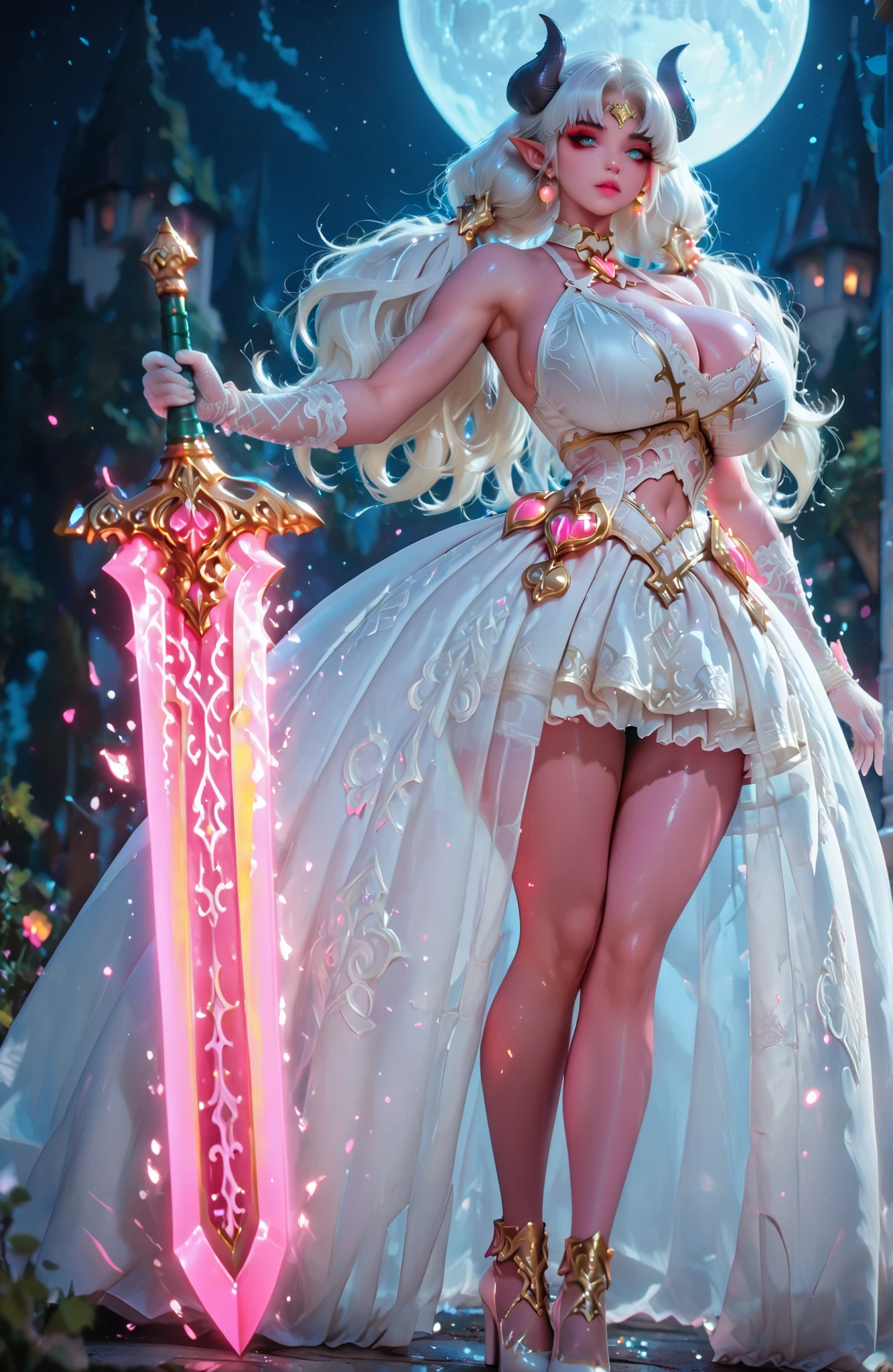 cancerprincess,reij-drsswhtrs, white harness dress, white long train, white lace gloves, white choker,BGMainFemale, Tiefling, 1girl, , demon horns, pointy ears,white dress, ball gown , white highheels, (see-through), ,Athletic build, tall figure,  long ears, red  eyes, tiefling girl,   holding a large luminous sword, white hair, fantasy world,pink skin, short crop top overhang, micro skirt, navel,  bare shoulders,  detailed eyes, depth of field, subject focus, masterpiece, best quality, high quality, absurd, high definition,
solo, long hair, blue eyes, eyeliner, makeup, lipstick, curvy body, gigantic breasts, ethereal beauty,huge breasts, 
 luminous runic patterns, cwboy shot,  looking at viewer, action pose, dynamic pose, dynamic angle,
outdoors,    night, white moon, epic detalied