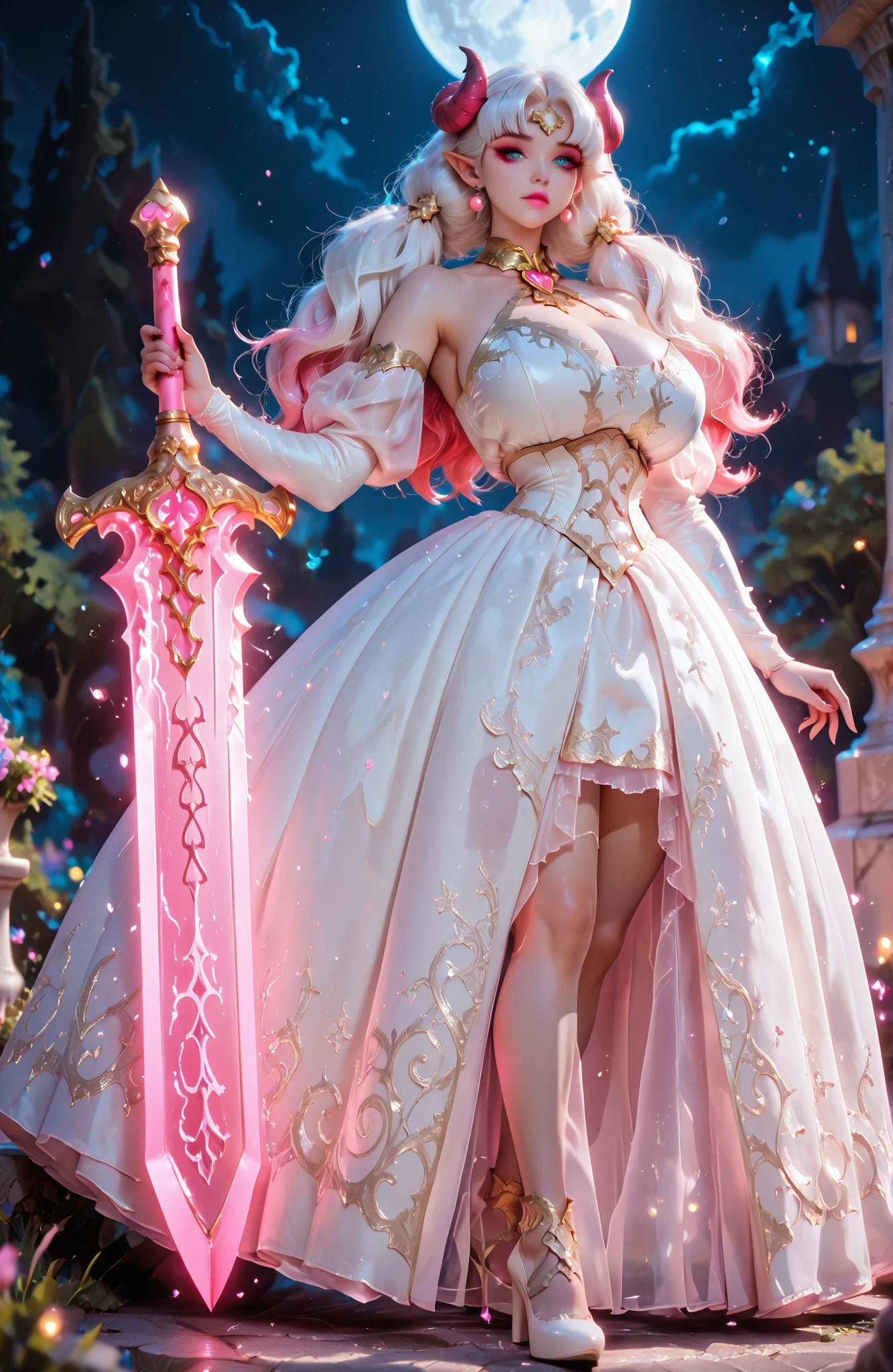 CyberRealistic_Negative_PONY_V2,cancerprincess,cwboy shot,ball gown, Tiefling, , demon horns, pointy ears,white dress, ball gown , white highheels, (see-through), ,Athletic build, tall figure, long ears, red eyes, tiefling girl, holding a large luminous sword, white hair, fantasy world,pink skin, navel, bare shoulders, detailed eyes, depth of field, subject focus, masterpiece, best quality, high quality, absurd, high definition,solo, long hair, blue eyes, eyeliner, makeup, lipstick, curvy body, gigantic breasts, ethereal beauty,huge breasts,
luminous runic patterns, cwboy shot, looking at viewer, action pose, dynamic pose, dynamic angle,
outdoors, night, white moon, epic detalied