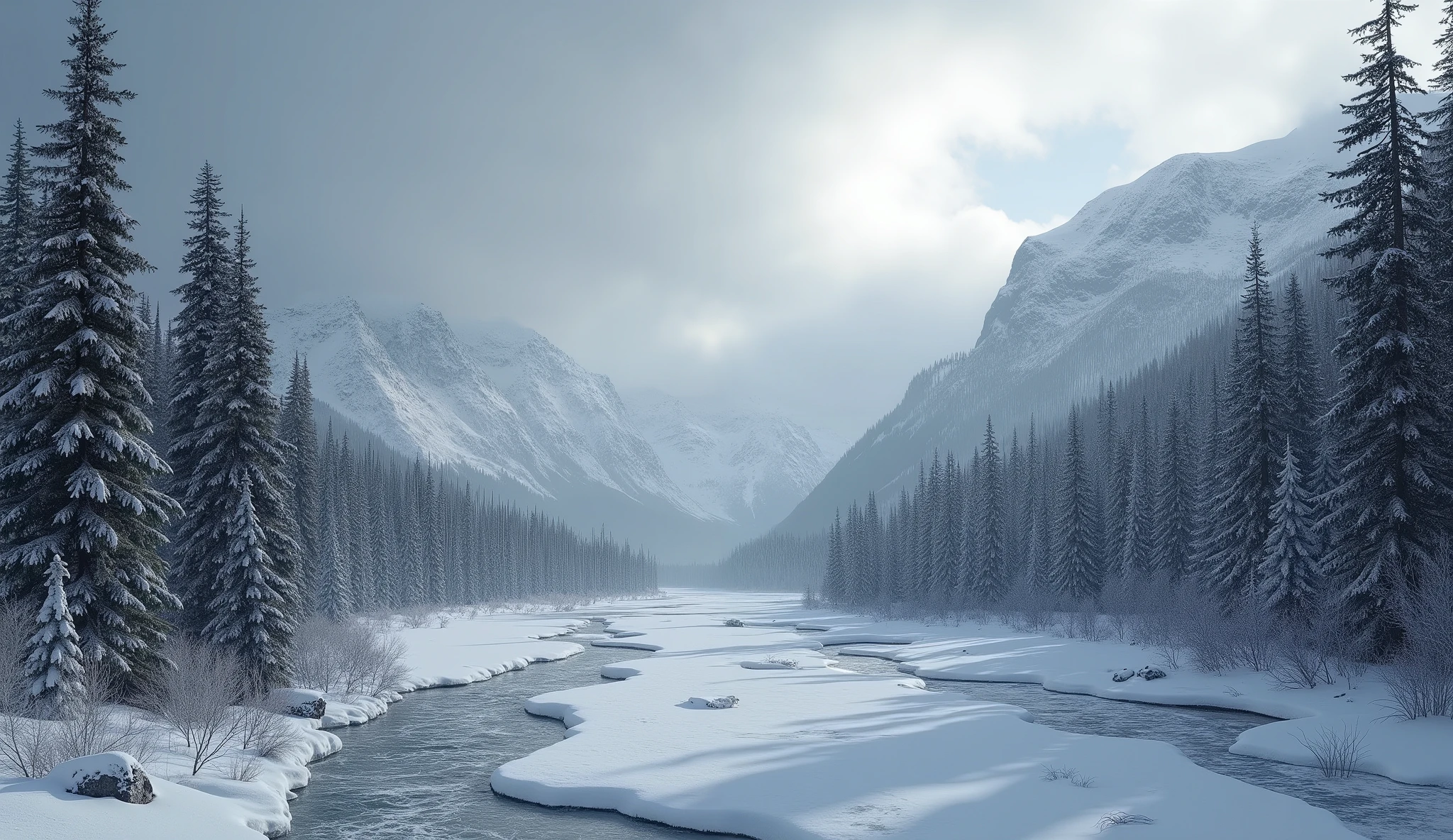 “The snow-covered valley of the Chulitna River with fir trees, snow-capped mountains — ultra-realistic in 8K horror style.”