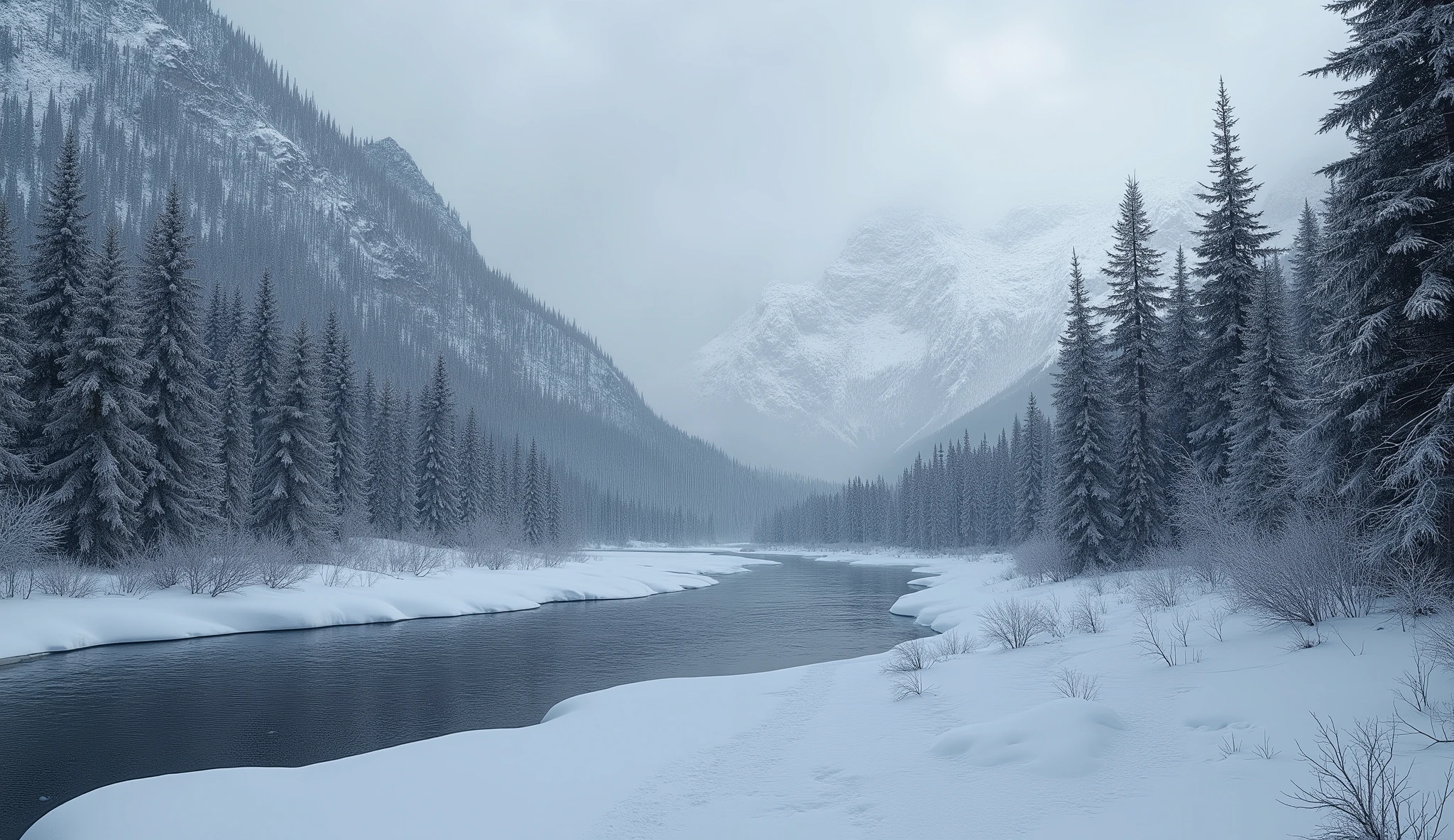 “The snow-covered valley of the Chulitna River with fir trees, snow-capped mountains — ultra-realistic in 8K horror style.”
