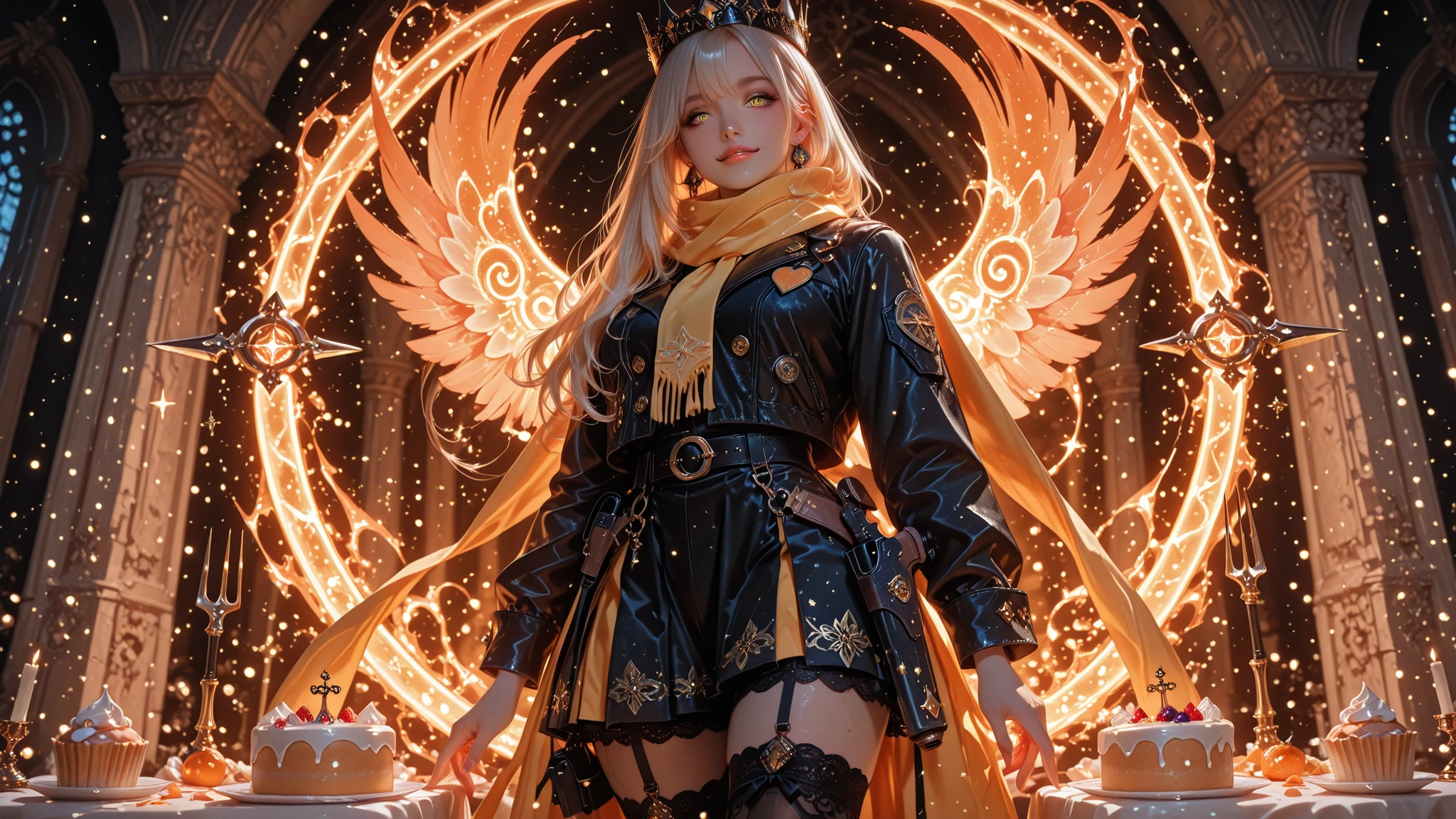 ((Detailing)), Perfect Eyes, Excellent Photography, (8K Ultra HD), (Masterpiece), (Extremely Detailed), (Best Illustration), Lighting, Detailed Brightness, (Accurate Body Anatomy), (Detailed Hands). (Five Fingers on Each Hand, Detailed 8K HD), (Detailed Eyes, Detailed 8K HD), (Beautiful Nose, Detailed 8K HD).
Description: Mahou shoujo, magical girl, 1 girl, cosmic marble hall filled with tables laden with food, a grand cosmic banquet.
Key visual elements for the art:
• Palette: orange and yellow, marble white, shadows, and glitch effects
General Traits
• Height: petite, 1.60m
• Youthful body, 18 years old, slightly chubby
• Medium, firm breasts
• Beautiful round face, sweet face
• Age: 18 years old, perfect attractive teenage body
• Skin: perfect porcelain white
• Hair: very long, straight, intense orange color
• Beautiful large yellow eyes
Magical girl outfit:
• Combat skirt: Black with red embroidery
• Black leather jacket: With magical gang patches
• Heels: High, metallic
• Two-tone thigh-high stockings: yellow and orange
• Small belt on the thighs with bullets
• Safety bloomers: Lace
• Long yellow scarf
Accessories
• Five-pointed black crown with jewels • Weapon: Wields a pitchfork adorned with bows and ribbons in her right hand.
• Belt with bullets and a holstered revolver.
• Cupcake-shaped earrings.
• Orange power and yellow arcane magic aura.
Aura and Presence
• Tender, relaxed
• Stage presence: licking her lips, her beautiful, large eyes looking directly at the viewer
Bully and bad girl pose:
• Standing in front of many tables full of food
• One left hand holding a piece of cake
• Dynamic angle
• Cakes and bullets floating with magical power