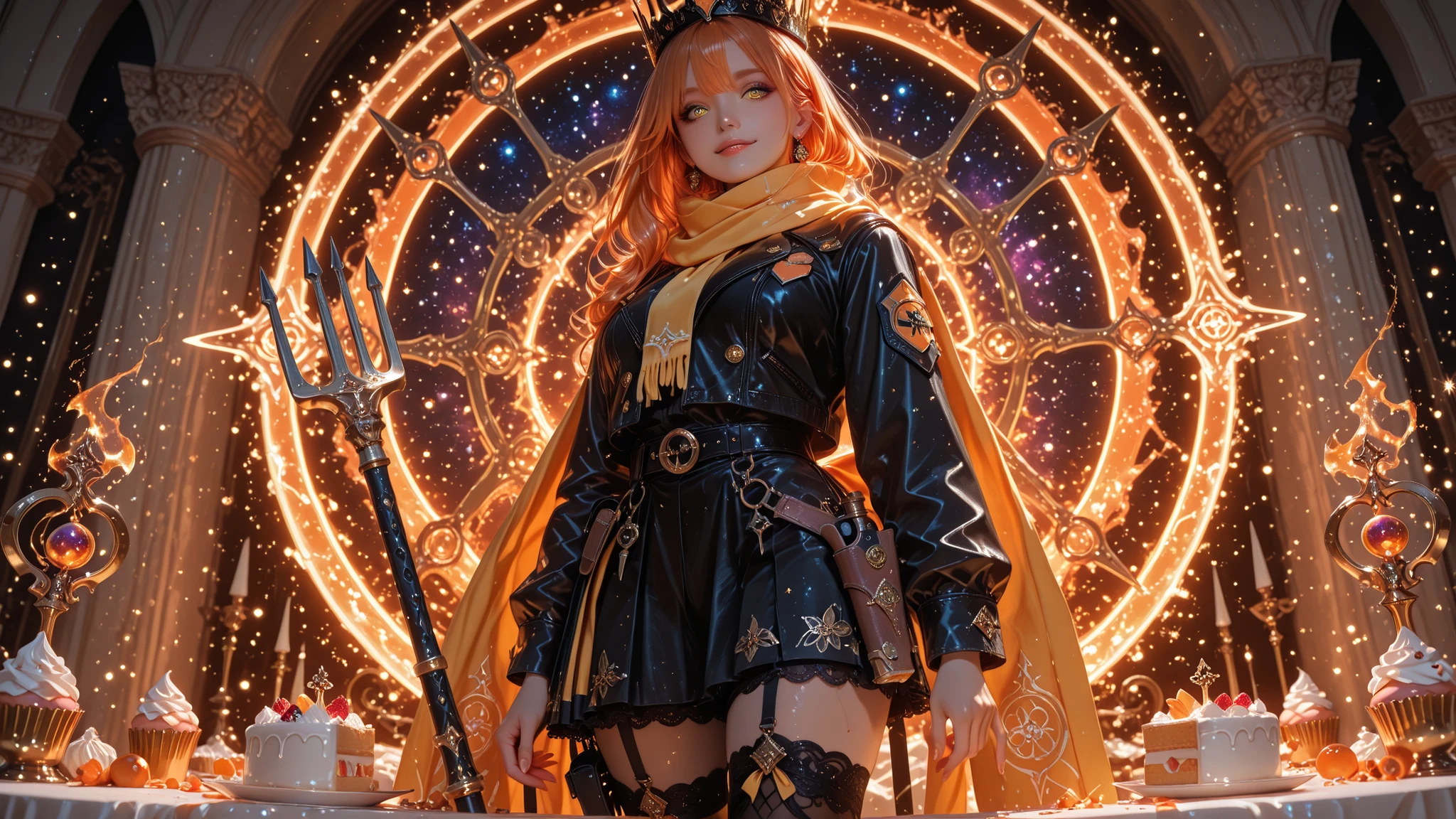 ((Detailing)), Perfect Eyes, Excellent Photography, (8K Ultra HD), (Masterpiece), (Extremely Detailed), (Best Illustration), Lighting, Detailed Brightness, (Accurate Body Anatomy), (Detailed Hands). (Five Fingers on Each Hand, Detailed 8K HD), (Detailed Eyes, Detailed 8K HD), (Beautiful Nose, Detailed 8K HD).
Description: Mahou shoujo, magical girl, 1 girl, cosmic marble hall filled with tables laden with food, a grand cosmic banquet.
Key visual elements for the art:
• Palette: orange and yellow, marble white, shadows, and glitch effects
General Traits
• Height: petite, 1.60m
• Youthful body, 18 years old, slightly chubby
• Medium, firm breasts
• Beautiful round face, sweet face
• Age: 18 years old, perfect attractive teenage body
• Skin: perfect porcelain white
• Hair: very long, straight, intense orange color
• Beautiful large yellow eyes
Magical girl outfit:
• Combat skirt: Black with red embroidery
• Black leather jacket: With magical gang patches
• Heels: High, metallic
• Two-tone thigh-high stockings: yellow and orange
• Small belt on the thighs with bullets
• Safety bloomers: Lace
• Long yellow scarf
Accessories
• Five-pointed black crown with jewels • Weapon: Wields a pitchfork adorned with bows and ribbons in her right hand.
• Belt with bullets and a holstered revolver.
• Cupcake-shaped earrings.
• Orange power and yellow arcane magic aura.
Aura and Presence
• Tender, relaxed
• Stage presence: licking her lips, her beautiful, large eyes looking directly at the viewer
Bully and bad girl pose:
• Standing in front of many tables full of food
• One left hand holding a piece of cake
• Dynamic angle
• Cakes and bullets floating with magical power