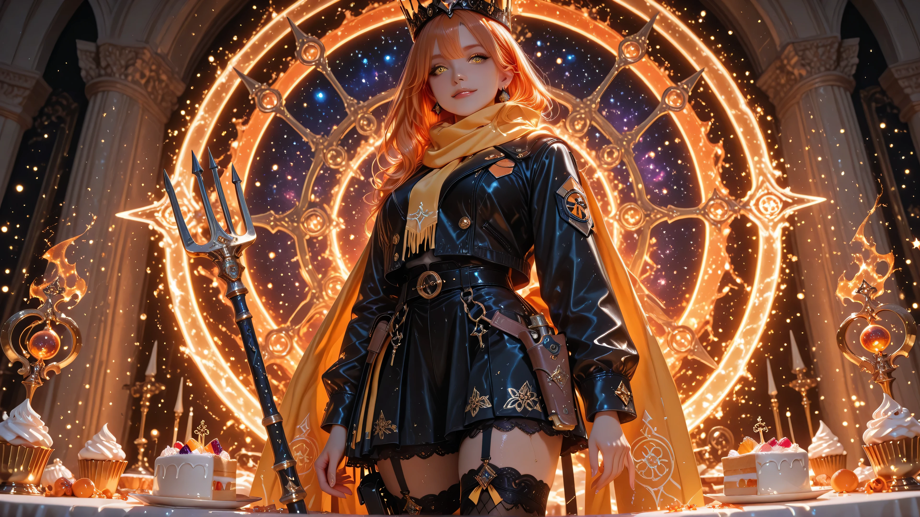 ((Detailing)), Perfect Eyes, Excellent Photography, (8K Ultra HD), (Masterpiece), (Extremely Detailed), (Best Illustration), Lighting, Detailed Brightness, (Accurate Body Anatomy), (Detailed Hands). (Five Fingers on Each Hand, Detailed 8K HD), (Detailed Eyes, Detailed 8K HD), (Beautiful Nose, Detailed 8K HD).

Description: Mahou shoujo, magical girl, 1 girl, cosmic marble hall filled with tables laden with food, a grand cosmic banquet.


Key visual elements for the art:
• Palette: orange and yellow, marble white, shadows, and glitch effects

General Traits
• Height: petite, 1.60m
• Youthful body, 18 years old, slightly chubby
• Medium, firm breasts
• Beautiful round face, sweet face
• Age: 18 years old, perfect attractive teenage body
• Skin: perfect porcelain white
• Hair: very long, straight, intense orange color
• Beautiful large yellow eyes

Magical girl outfit:
• Combat skirt: Black with red embroidery
• Black leather jacket: With magical gang patches
• Heels: High, metallic
• Two-tone thigh-high stockings: yellow and orange

• Small belt on the thighs with bullets

• Safety bloomers: Lace

• Long yellow scarf

Accessories
• Five-pointed black crown with jewels • Weapon: Wields a pitchfork adorned with bows and ribbons in her right hand.

• Belt with bullets and a holstered revolver.

• Cupcake-shaped earrings.

• Orange power and yellow arcane magic aura.


Aura and Presence
• Tender, relaxed
• Stage presence: licking her lips, her beautiful, large eyes looking directly at the viewer

Bully and bad girl pose:
• Standing in front of many tables full of food
• One left hand holding a piece of cake
• Dynamic angle
• Cakes and bullets floating with magical power