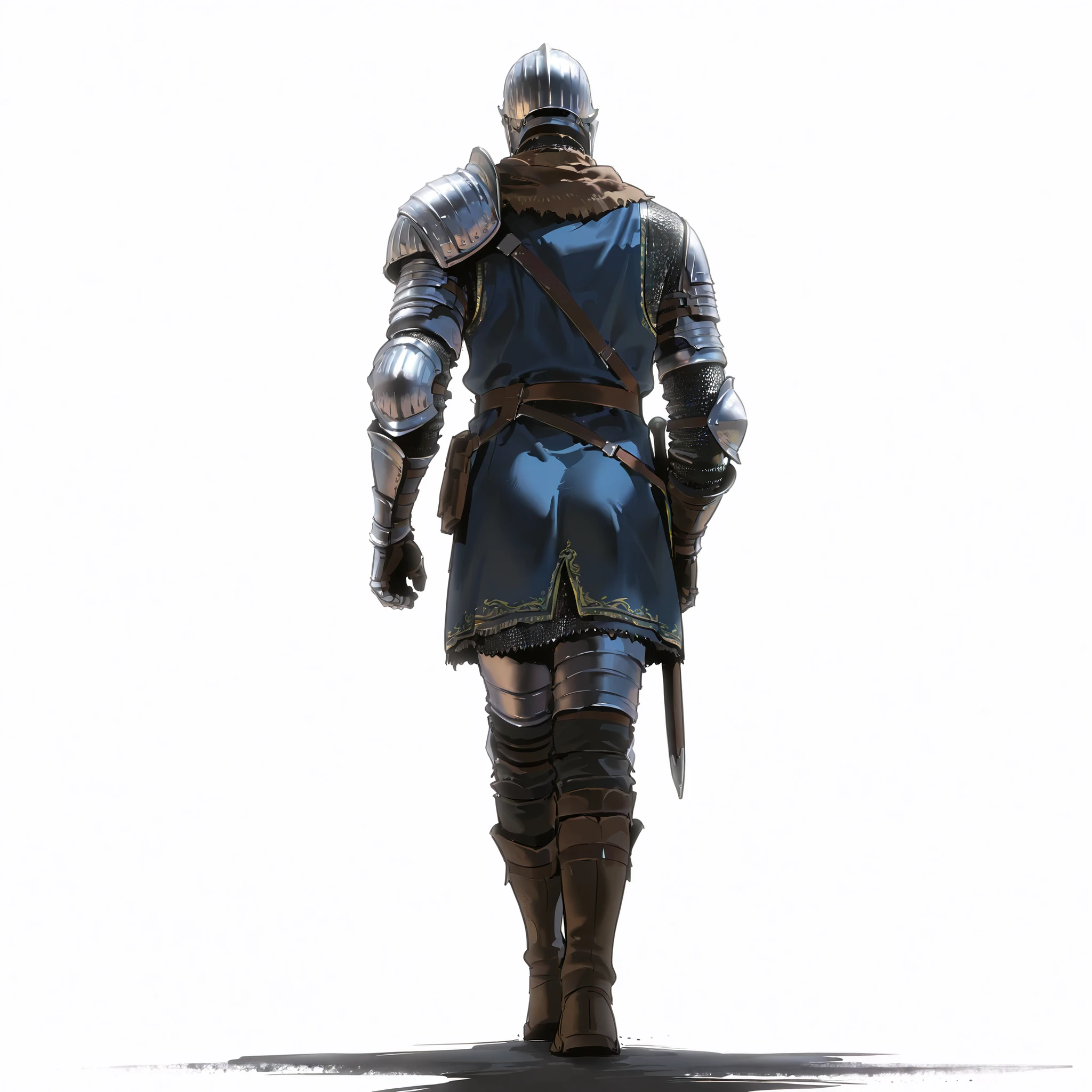  athletic body, toned body, alone, male, armor , médiéval armor, back view, walking, perspective, white background, intricate sketch, 2d, solo leveling art style, background, simple pose, elite_knight dark souls knight, armor, helmet, shoulder armor pauldrons, gauntlets, chainmail, blue embroidered tabard, boots, masterpiece, best quality, amazing quality, full body view , 
