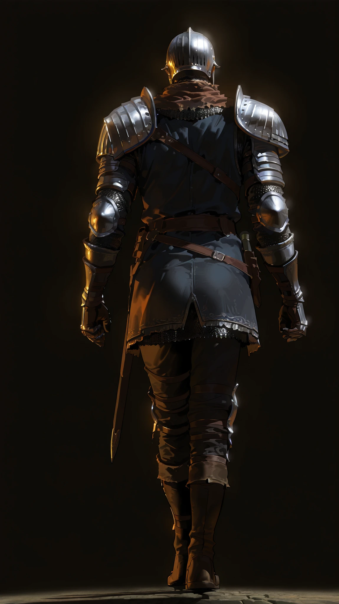 athletic body, toned body, alone, male, armor , armor, back view, walking, perspective, black background , intricate sketch, 2d, solo leveling art style, simple pose, elite_knight dark souls knight, armor, helmet, shoulder armor pauldrons, gauntlets, chainmail, boots, masterpiece, best quality, amazing quality, full body view ,