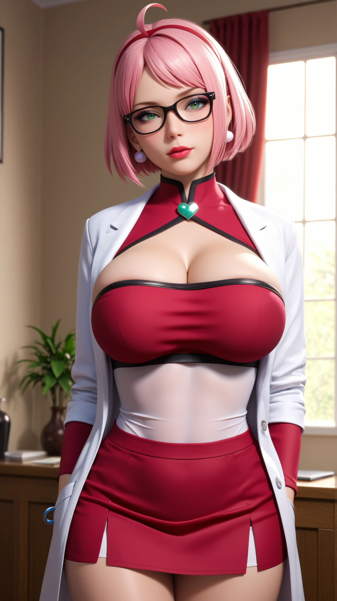 
(masterpiece), best quality, expressive eyes, perfect face, solo sakura haruno , wearing earings,bangles, 30 year old sexy,women perfect breasts perfect thigs facing towards screen parted lips feminine figure body,horny looking face curvy, white doctor coat wearing fishnet bandeau thight  crop top, black leather micro mini skirt )  ahoge,beautiful expressive eyes , 4k backlighting, score_9, score_8_up, score_8, Beautiful sensual and erotic woman with a curvy body, XXL Plus size),very thick milf body, Bra/Breast Size, 34 inches ; Waist Size, 28 inches ; Hip Size, 30inches.beautiful fitting breasts, curvy accentuated booty, huge breasts, (curvy),  eyelashes,       BREAK, ,  1 girl sakura haruno, short hair, (green eyes:0.8), glasses,pink hair, (parted bangs:1.5,     makeup, lipstick, BREAK,  (ultra realistic,32k, masterpiece:1.2),(high detailed skin:1.1),( high quality:1.1), curvy, head tilt, hearts, blush, lips, large breasts, show cleavages closed mouth, curvy, head tilt, nsfw, (fullbody), looking at viewer, bokeh, luminescent background, ,,, embedding:zPDXL, Expressiveh, ,, show cleavge,seductively looking  at viewer, slutery embarrassed face, standing stright forward, wide open legs,
