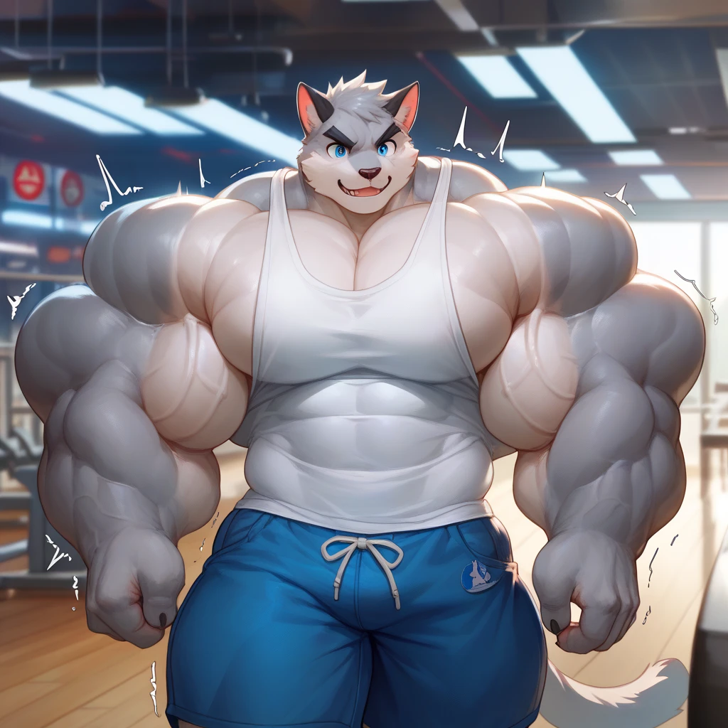 solo, 1boy, Huge Muscular White Polar Bear, huge white fur, pectoral, huge pectoral, wide pectoral, short white hair, ((really big muscle, massive muscular, sixpack, huge fluffy white fur, thick arms, wide pectoral, super huge muscle, hyper muscular, over sized muscle, huge arms, big arms, huge pectoral)), black kickboxing MMA shorts, black toeless wootwear, fingerless kickboxing fighting gloves and shirtless and topless, white bearded, white Mustache, white fur, grey eyebrows, gym fitness center background, masterpiece, high detailed, 8k, high resolution, at the gym, flexes huge thorax, looking at the viewer, acting all hunk, age of sweating and veins popping