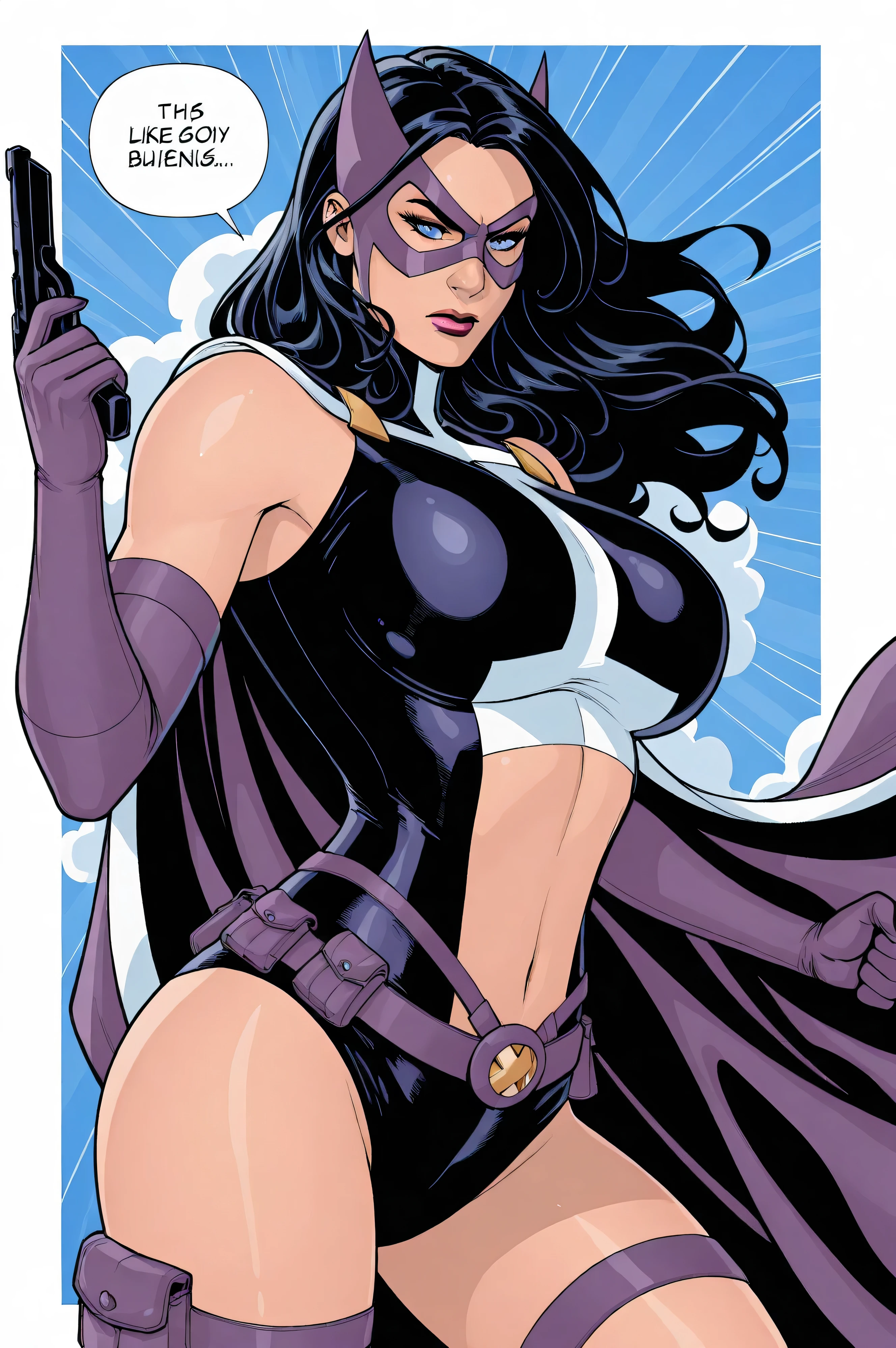 1girl, solo, huntressdccomics, 1girl, solo, black hair, superhero, large breasts, mask, utility belt, cape, long hair, elbow gloves, navel, midriff, blue eyes, purple gloves, lips, lipstick, makeup, belt pouch, crop top, leotard, huge breasts, bedroom background, cowboy shot, full lips, facing viewer, t33ryd0ds, "0" :" masterpiece,best quality,absurdres, amazing quality, high contrast, closed mouth, closer up, angry,