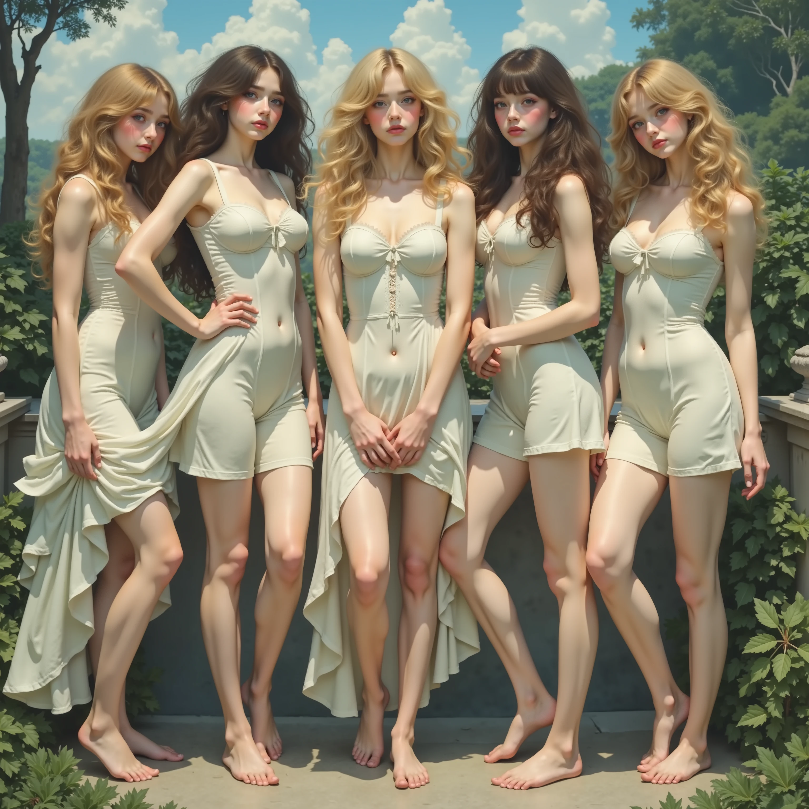 William Adolphe Bouguereau style, Barefoot Girly Teenagers with curly golden hair smiling gently, Clear white skin and big blue eyes, Panoramic, Leggy full body, slightly downward-looking angle, Holding self chests, 