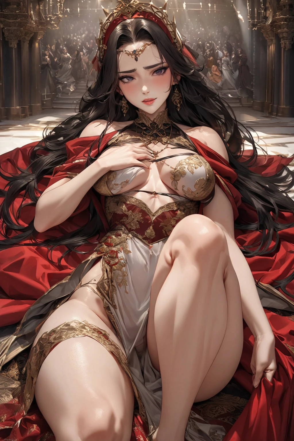 (Masterpiece:1.3), (best quality:1.2), (detailed background:1.1), (intricate details:1.1), (detailed background:1.2), fantasy theme, 1girl, (pale skin:1.2), long black hair, red eyes, (medium breasts:1.2), nipples, pussy, (nude:1.2), red cape, evil crown, vampire queen, (large fangs:1.4), sexy, sitting, flirting pose, smirk, predatory gaze, indoors, dark lighting, evil, (black curtains:1.2), evil throne, skulls, spread legs,  <lora:detail_slider_v4:5>