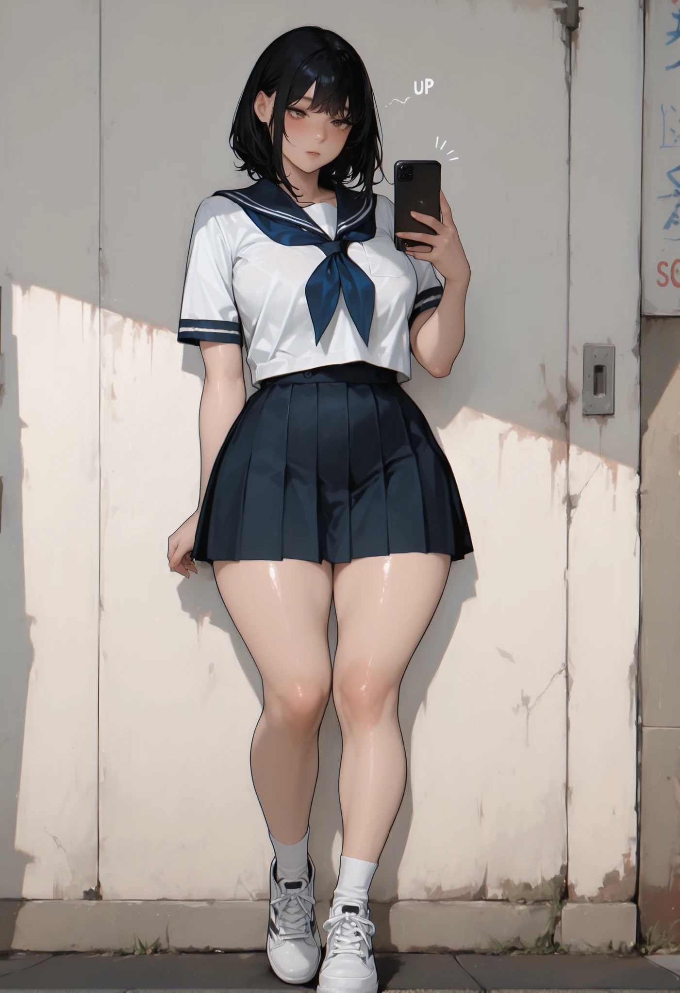 (score_9,  score_8_up,  score_7_up,  score_6_up,  score_5_up,  score_4_up, (((Anatomical accurate))), hyper detailed, masterpiece, best quality, amazing quality, awesome quality, ultra high resolutions 18k, sketch, sharp line drawing, speed line, Japanese language sound effect)
(A girl wear sailor school uniform, skirts and sneakers. A girl has shiny black long hear, beautiful japanese female face, white shining skin, curvy body. perfect proportions of body)
(A girl watching smart phone. It seems to be waiting some one.)
(Full body shot from low level)