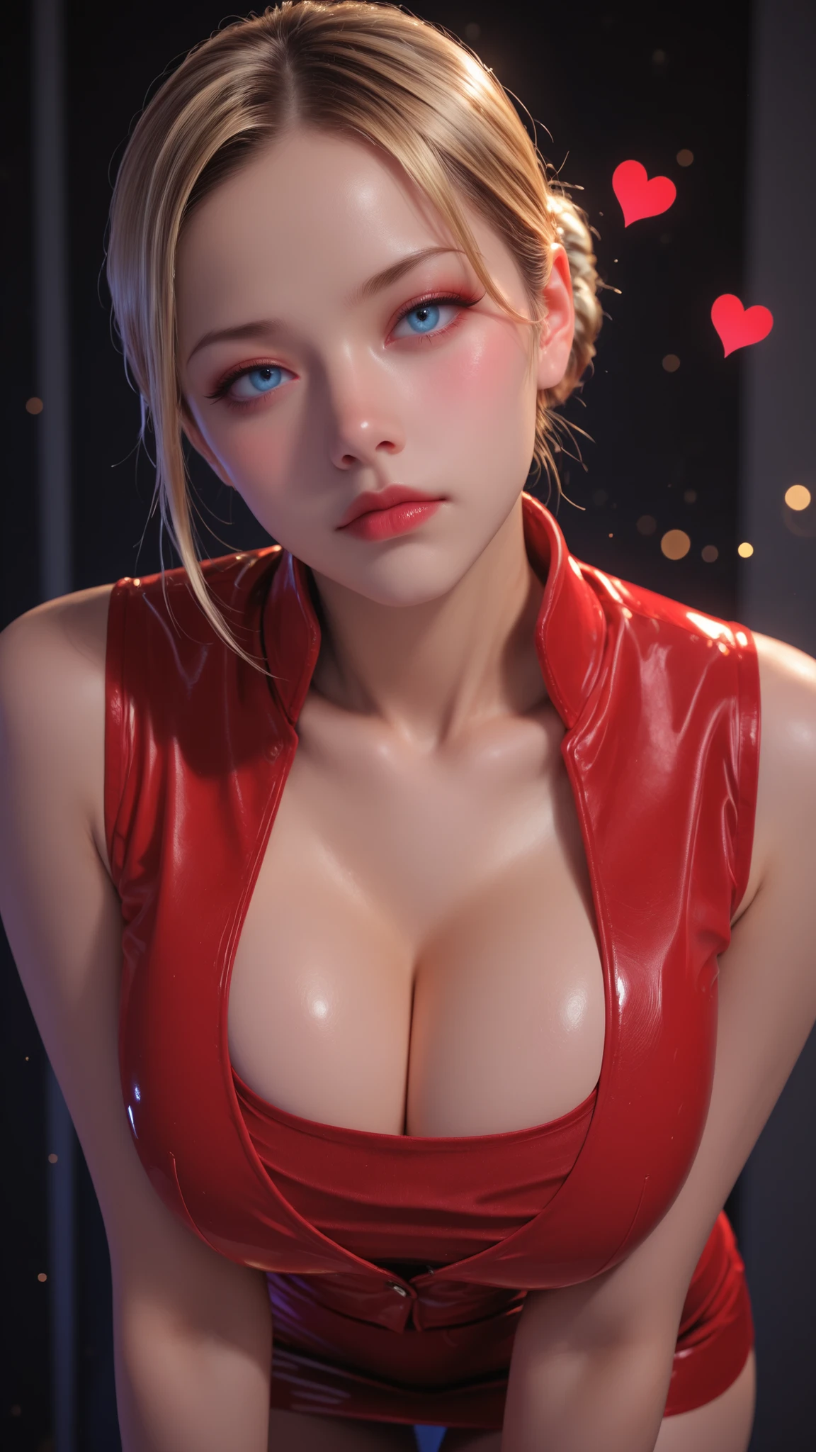 ((masterpiece))、(( top quality))、Sexy t-x is in seductive pose, blokde hair, ,sexy body, busty, big breasts, sexy body, big breast, , sexy thick body, t-x , sexy body, nice body, attractive, seductive face, young sexy girl, young face, atractive body, cute look, lovely face, blonde hair,cute face, wearing sleeveless tube top, mini micro skirt, (NSFW), ), ((intense gaze)), ((cold expression)), ((no head tilt)), ((Expressionless)), (((only one tight small low bun at nape of neck))), ((sleek golden blonde hair)), ((tight low bun at nape of neck)), ((single chignon bun)), ((hair pulled straight back)), ((no bangs)), smooth hair, ((small tight low chignon bun)), ((very small bun)), ((no side hair)), ((no loose strands)), no bangs, pulled back hair, intimidating,Aimom,(masterpiece, best quality), T-XSDXL, solo, 1girl, cleavage, terminator 3, sexy, HD, perfect body, sexy and sexual pose, aimom, blue eyes, sharp expression, detailed face, Beautiful face, Perfect face, Highly detailed beautiful face and eyes, Attractive face, Detailed face, Delicate clean skin, blue eyes, (Large eyes), beautiful face, mature female erotic, evil possessive, sexy evil satisfaction, perfect terminatrix, ((front view)), Natural body shape, (naturally big size breasts), no rope, clean body, , ((anime style shading)), ((flat colors)), ((cell shading)), ((sharp line art)), confident expression, ((red color suit)), makeup, Beautiful little red lipsBeautiful face, Perfect face, Highly detailed beautiful face and eyes, Attractive face, Detailed face, Delicate facial features, Detailed skin,, BREAK, (ultra realistic,32k, masterpiece:1.2),(high detailed skin:1.1),( high quality:1.1), curvy, head tilt, hearts, blush, lips, large breasts, show cleavages closed mouth, curvy, head tilt, nsfw, (fullbody), looking at viewer, bokeh, luminescent background, ,,, embedding:zPDXL, Expressiveh, ,, show cleavge,seductively looking at viewer, slutery embarrassed face, standing stright forward, wide open legs,